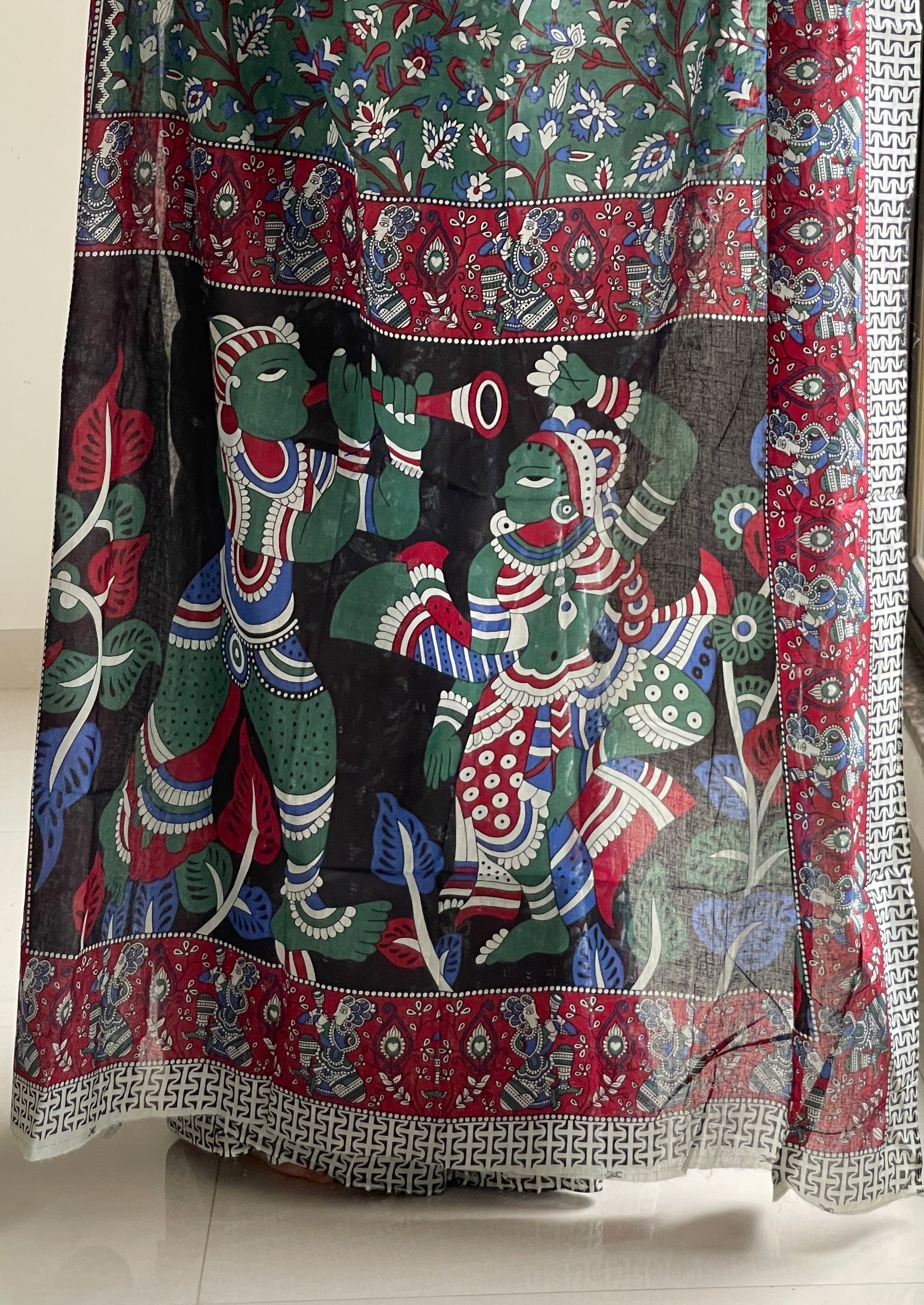 SELFI 23 PURE MUL COTTON TRADITIONAL KALMKARI HANDBLOCK PRINT GREEN SAREE