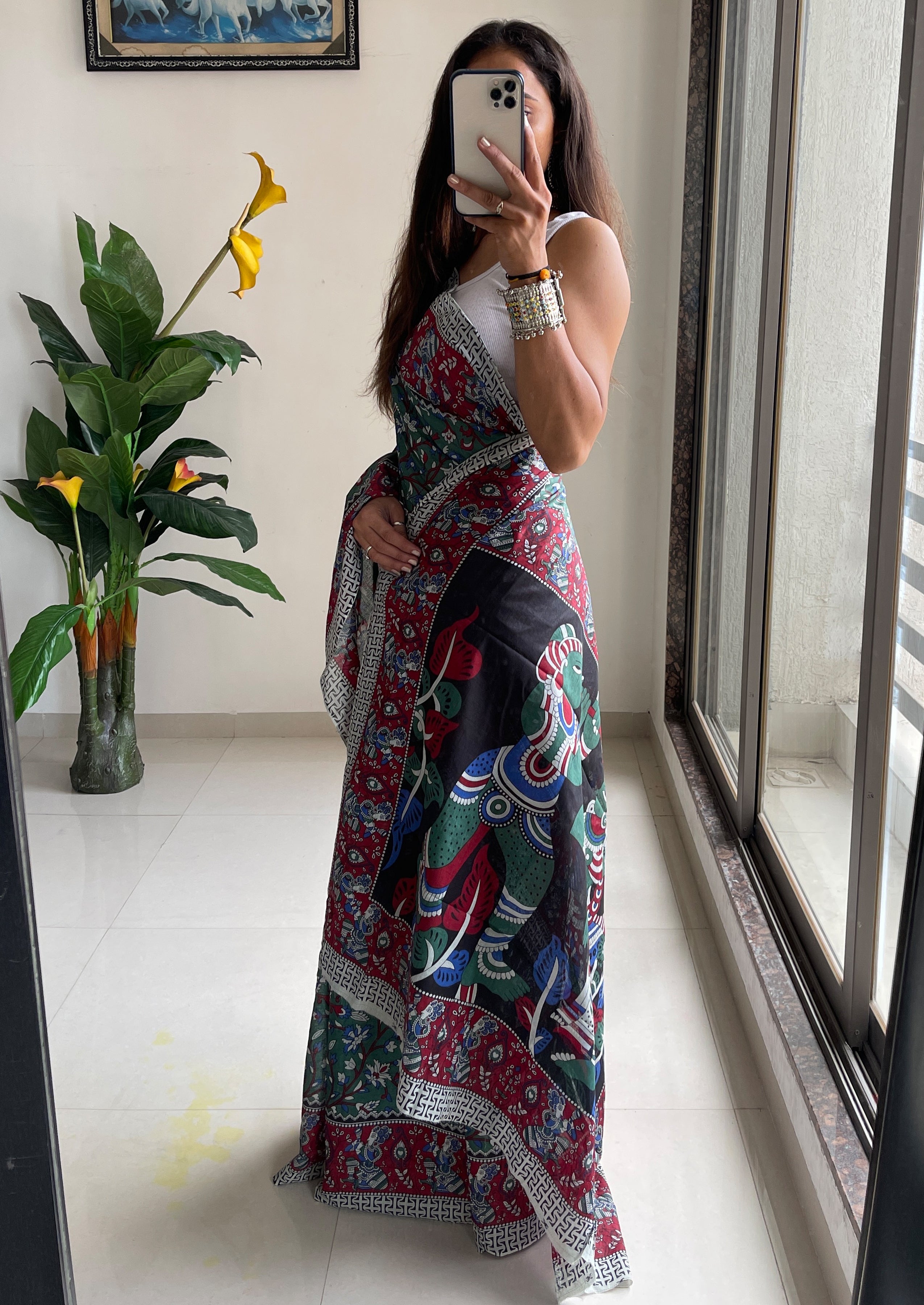 SELFI 23 PURE MUL COTTON TRADITIONAL KALMKARI HANDBLOCK PRINT GREEN SAREE