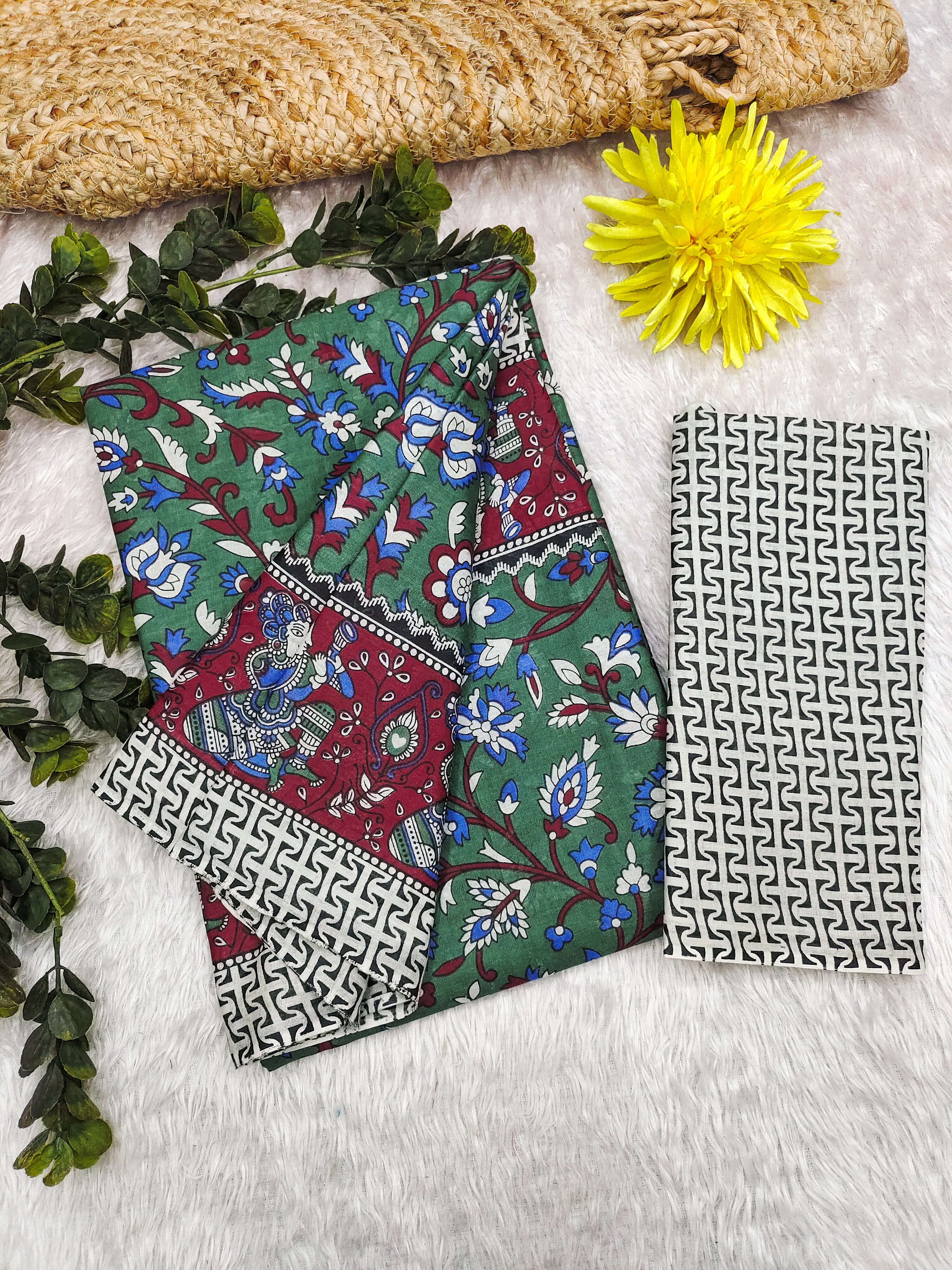 SELFI 23 PURE MUL COTTON TRADITIONAL KALMKARI HANDBLOCK PRINT GREEN SAREE