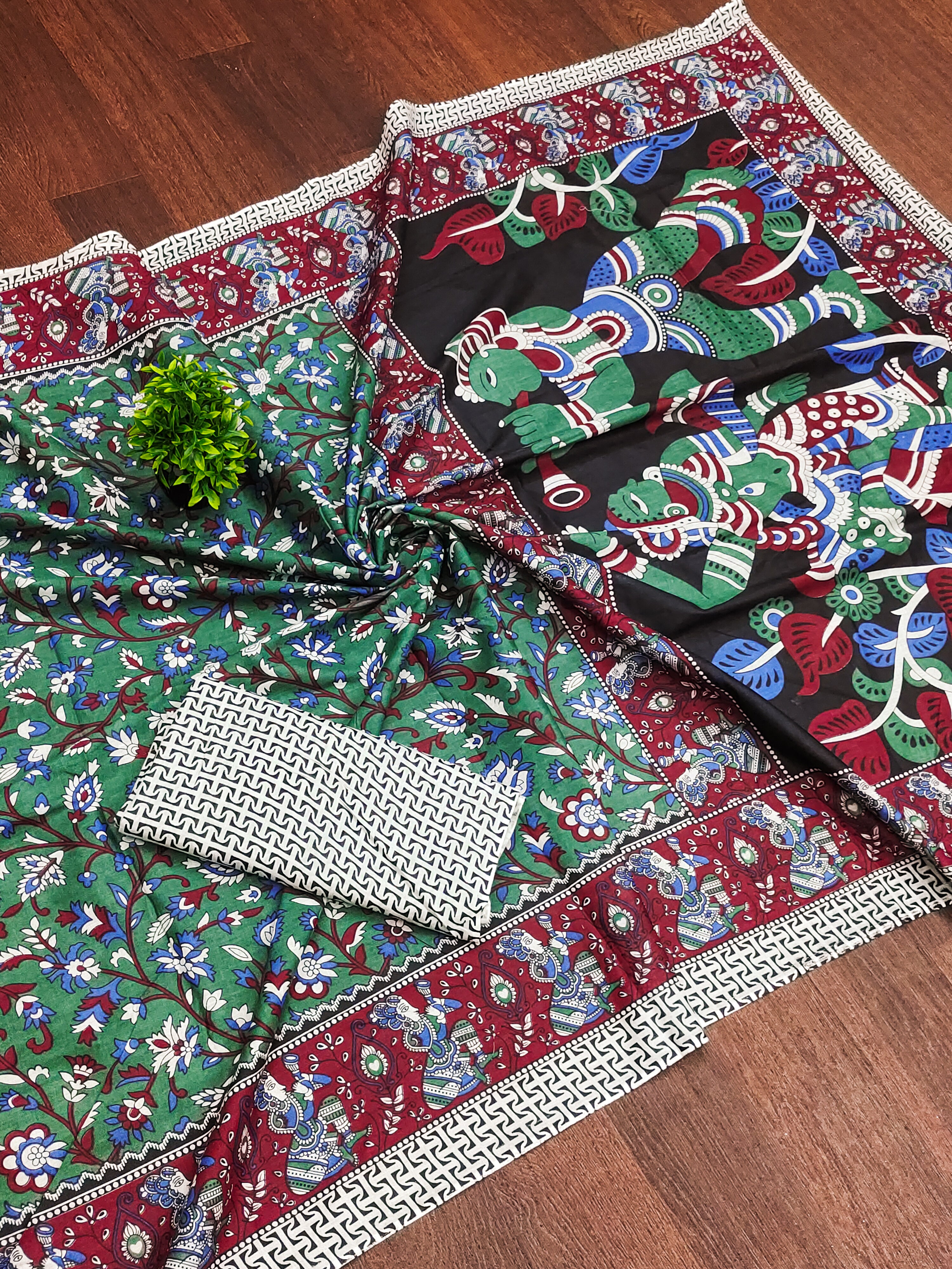 SELFI 23 PURE MUL COTTON TRADITIONAL KALMKARI HANDBLOCK PRINT GREEN SAREE