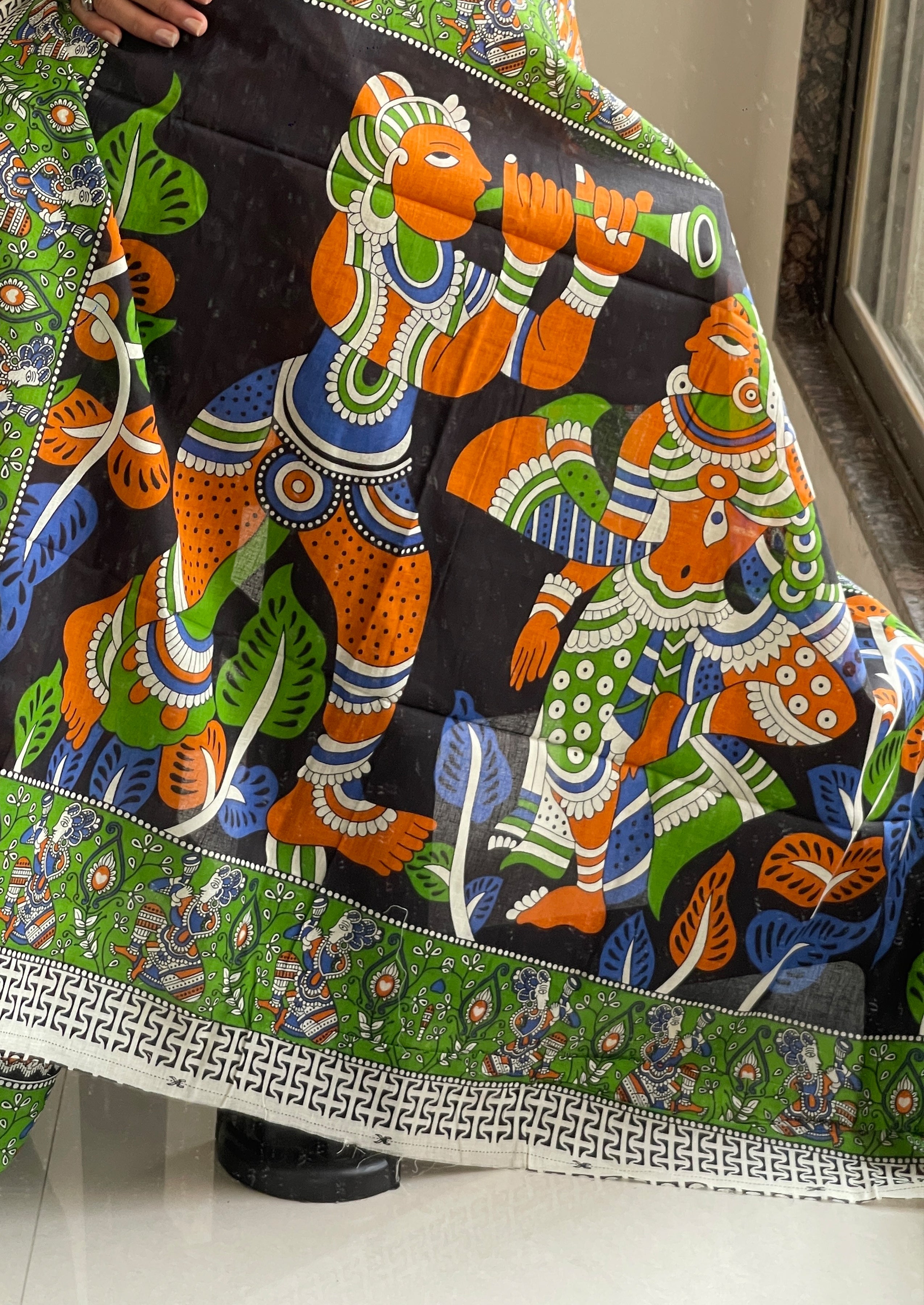 SELFI 23 PURE MUL COTTON TRADITIONAL KALMKARI HANDBLOCK PRINT ORANGE SAREE