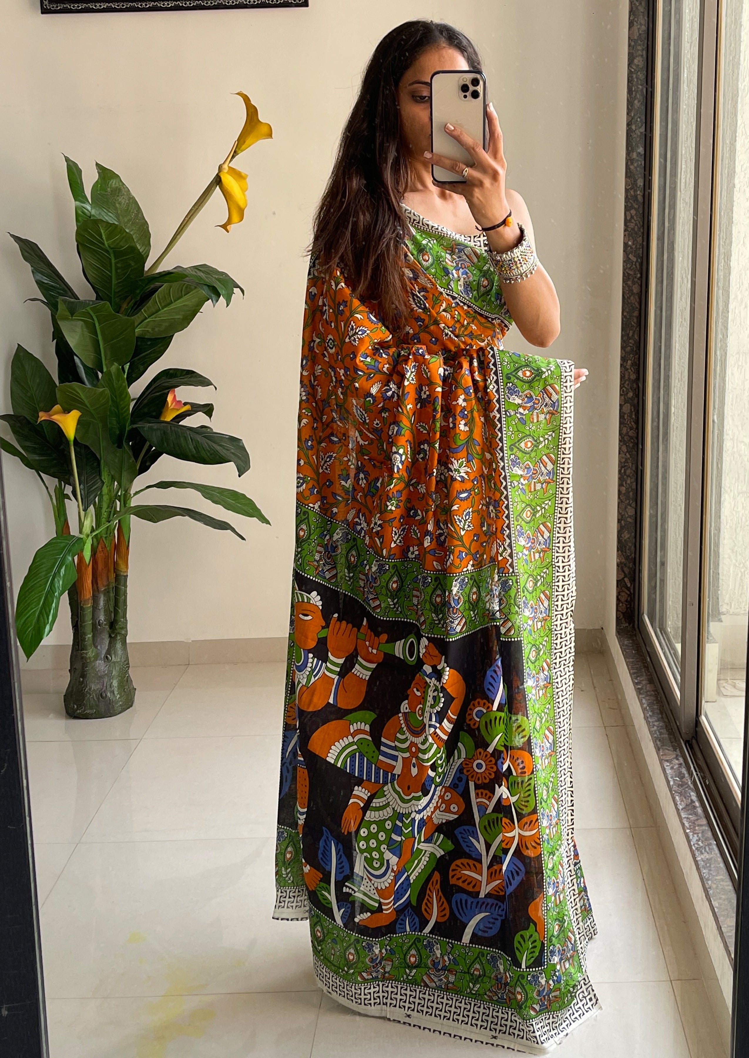 SELFI 23 PURE MUL COTTON TRADITIONAL KALMKARI HANDBLOCK PRINT ORANGE SAREE