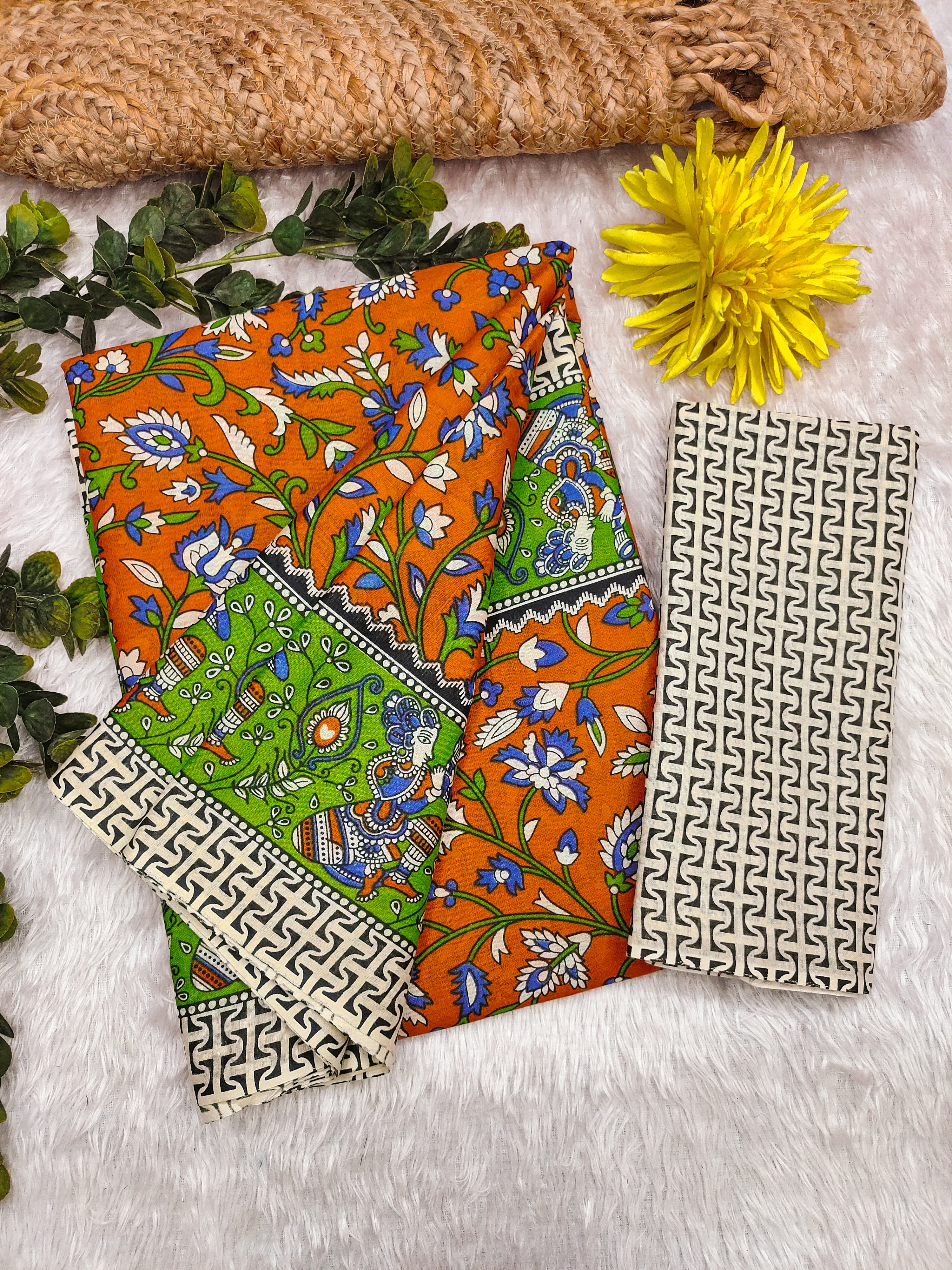 SELFI 23 PURE MUL COTTON TRADITIONAL KALMKARI HANDBLOCK PRINT ORANGE SAREE