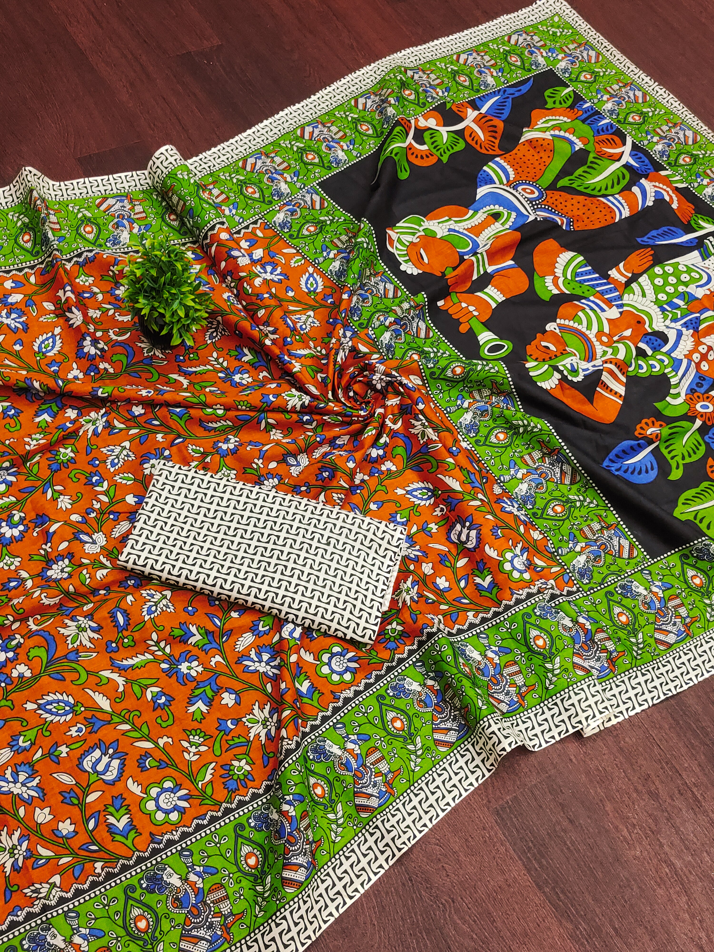 SELFI 23 PURE MUL COTTON TRADITIONAL KALMKARI HANDBLOCK PRINT ORANGE SAREE