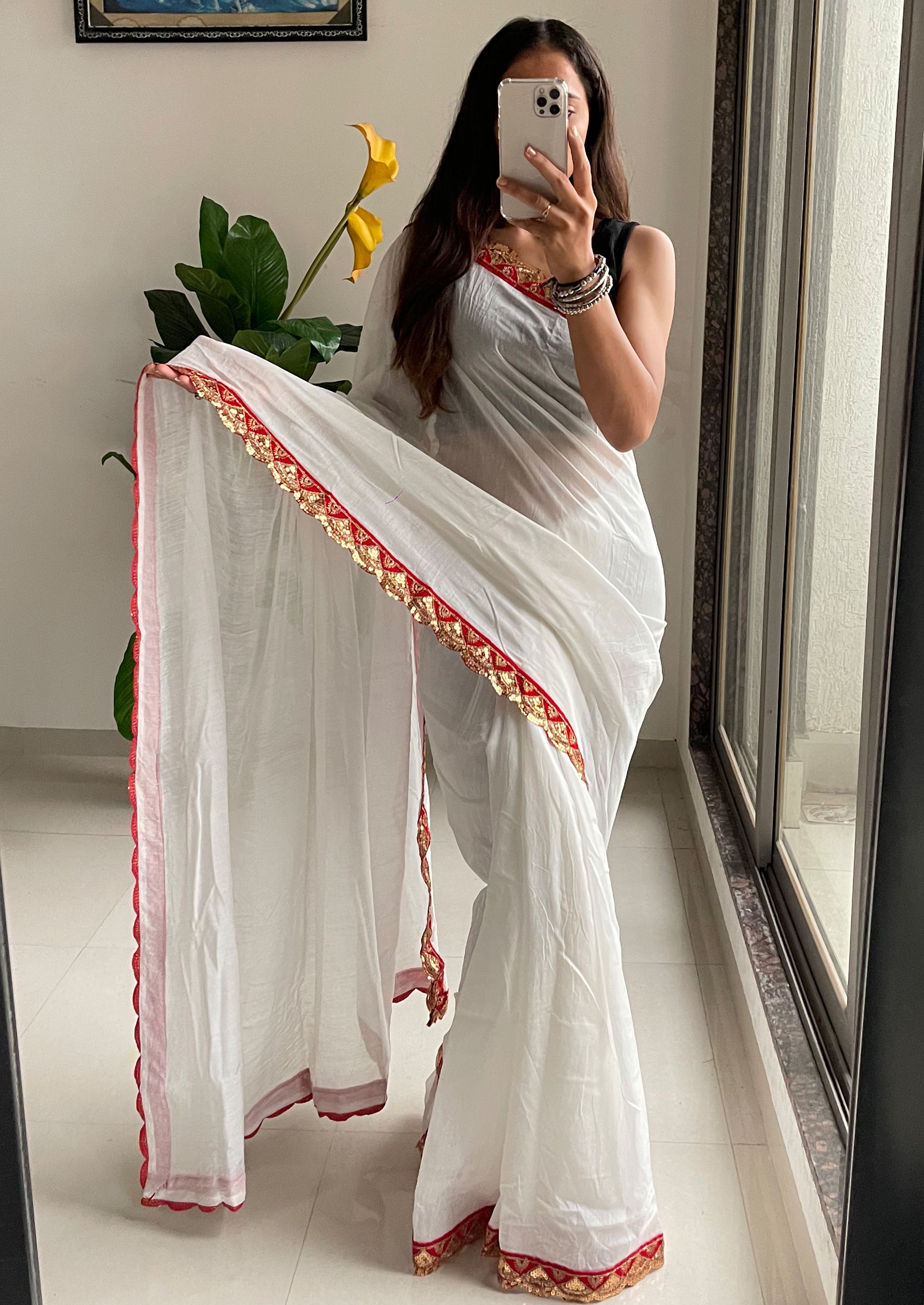 SELFI LIVA NATURAL FLUID FASHION PLAIN WHITE HEVY EMBROIDERY RED LACE SAREE
