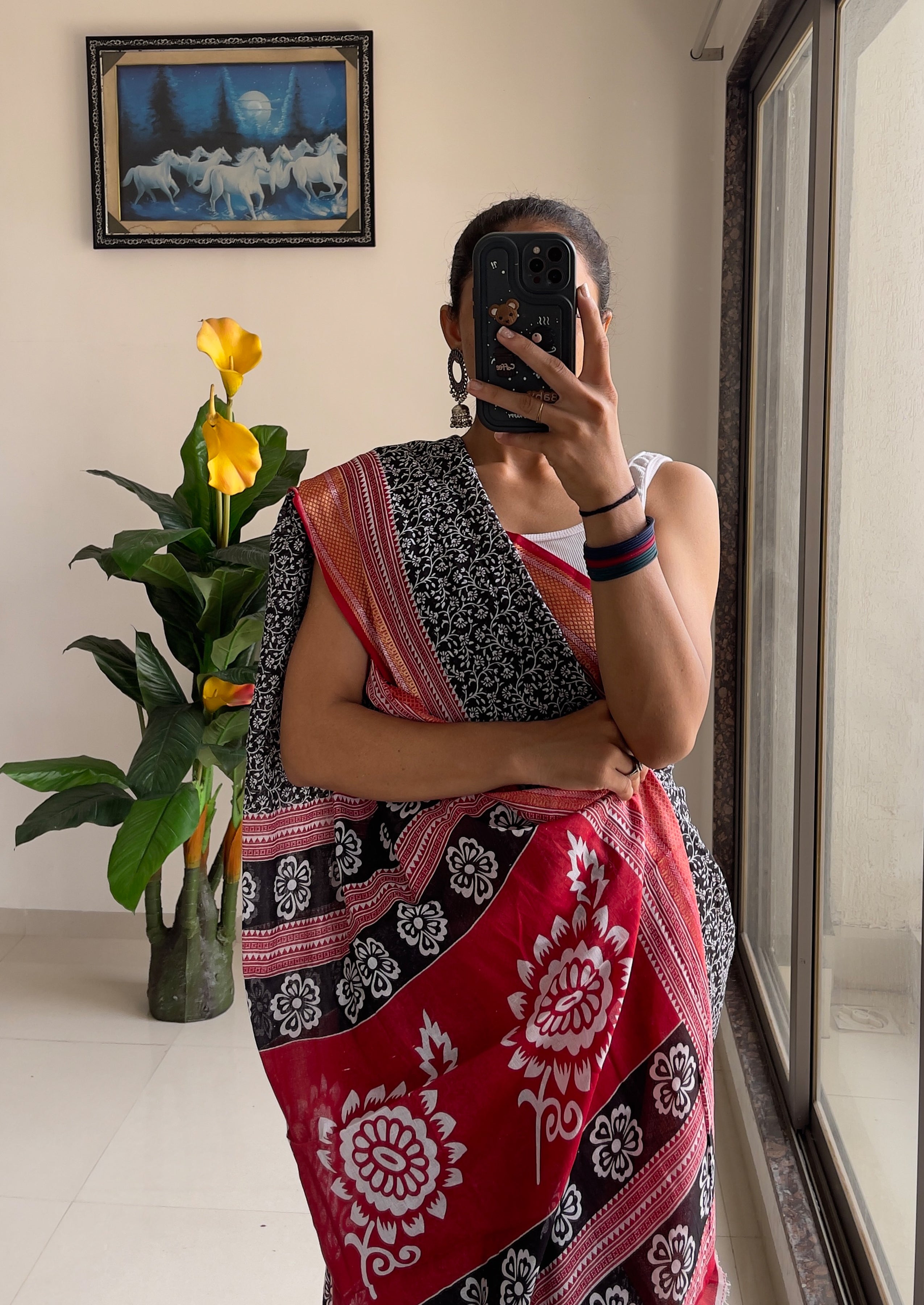 SELFI8 PRIMUM MULMUL COTTON WITH HEVY ZARI BORDAR BAGRU AJRAKH PRINTED BLACK SAREE