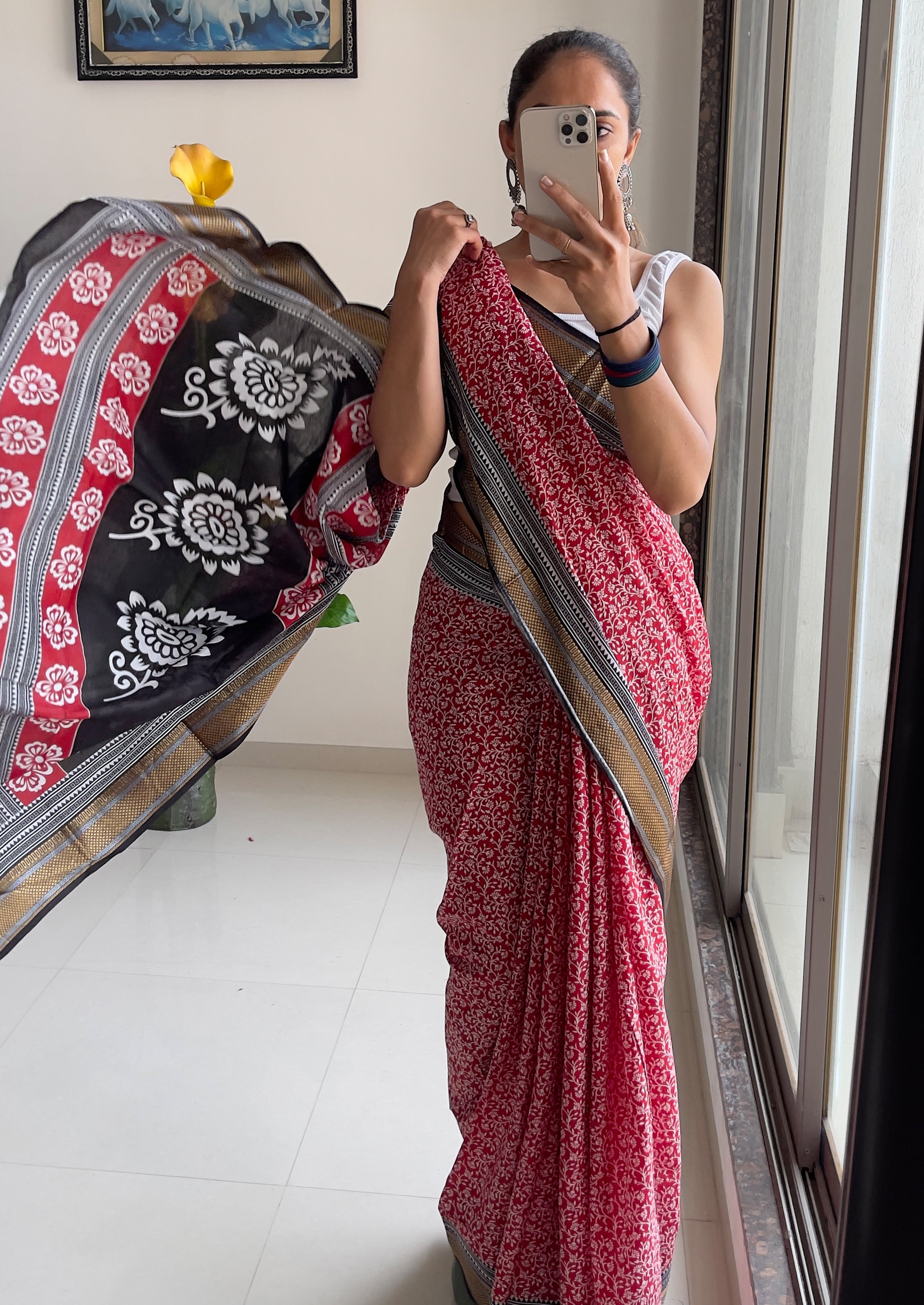 SELFI8 PRIMUM MULMUL COTTON WITH HEVY ZARI BORDAR BAGRU AJRAKH PRINTED RED SAREE