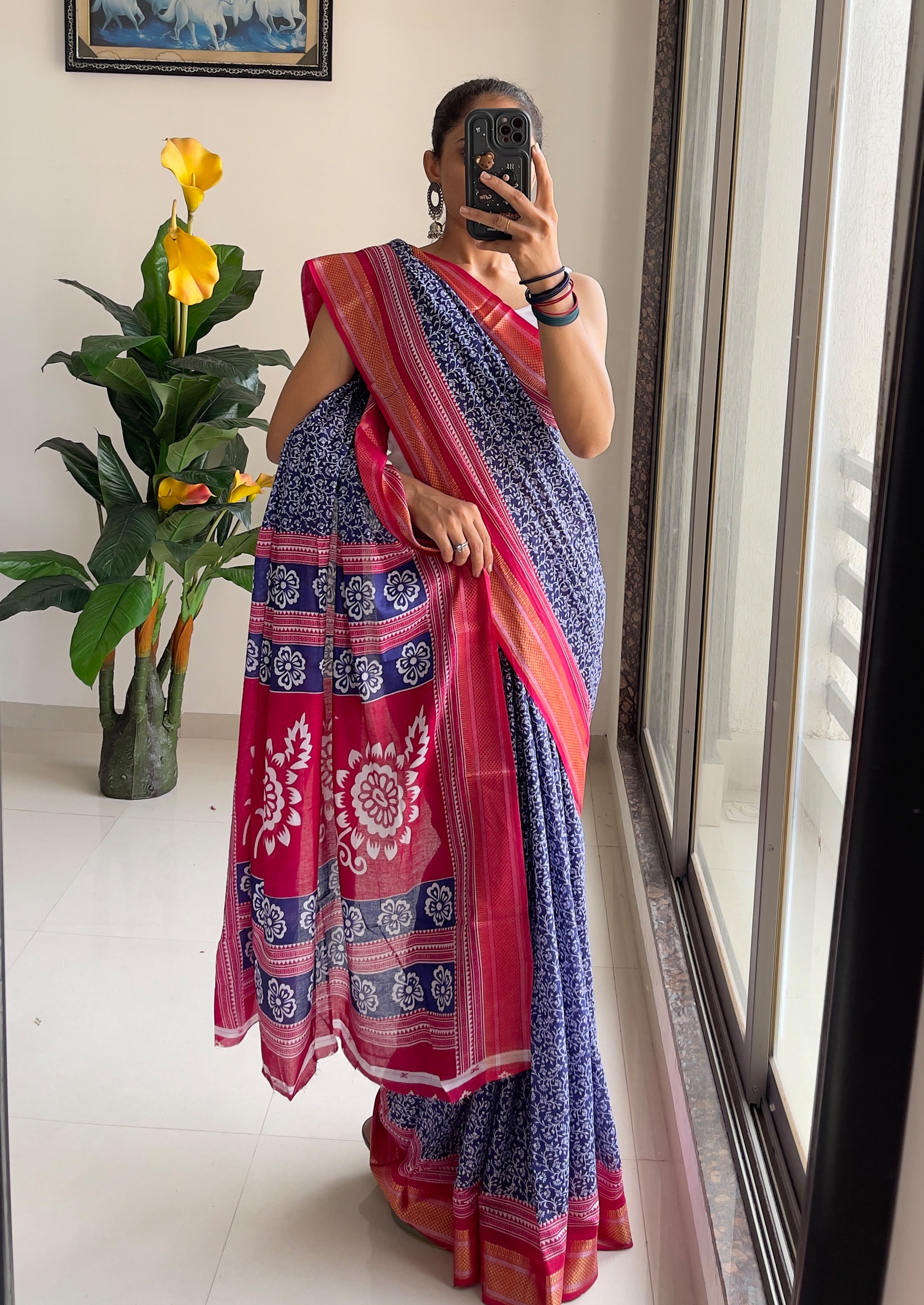 SELFI8 PRIMUM MULMUL COTTON WITH HEVY ZARI BORDAR BAGRU AJRAKH PRINTED ROYAL BLUE SAREE