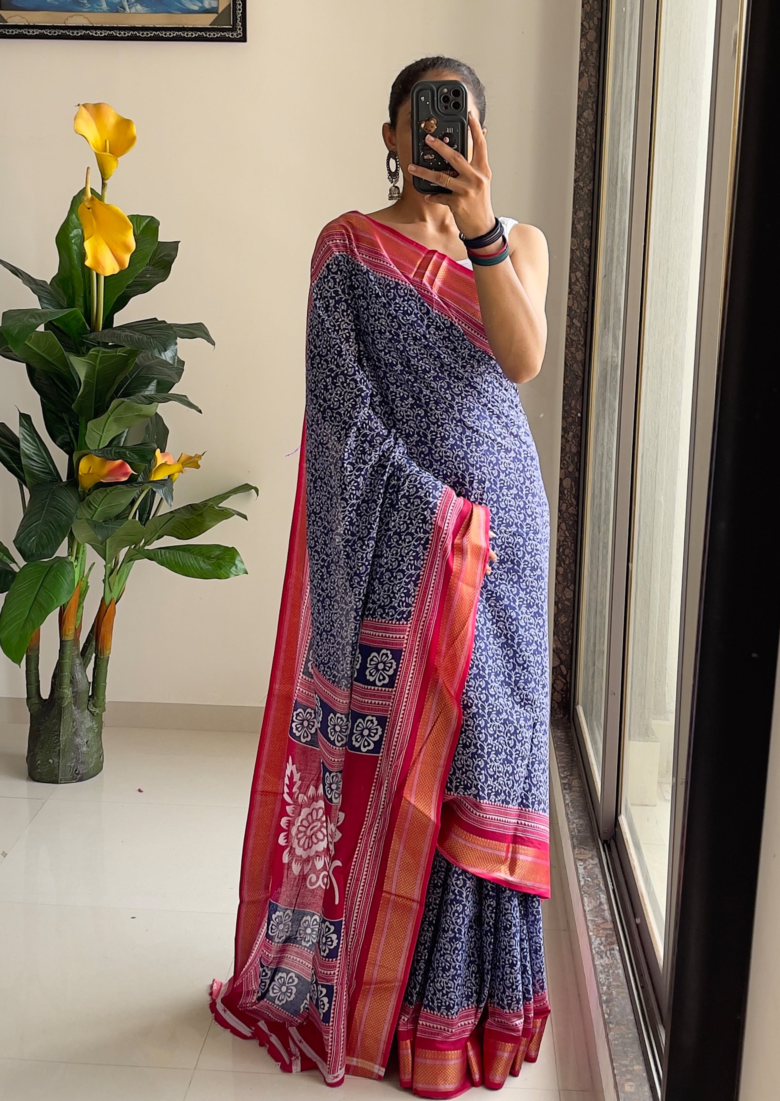 SELFI8 PRIMUM MULMUL COTTON WITH HEVY ZARI BORDAR BAGRU AJRAKH PRINTED ROYAL BLUE SAREE