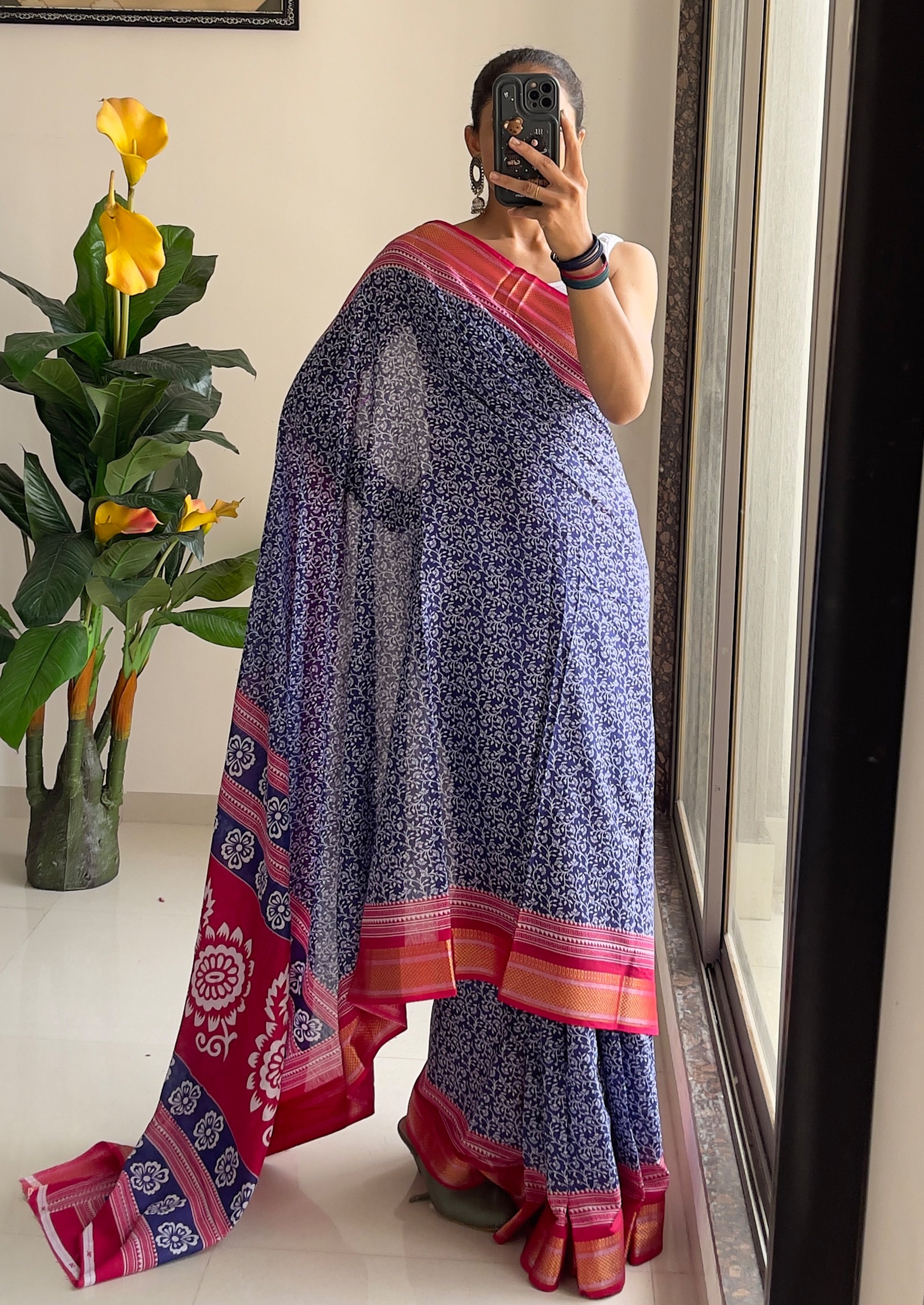 SELFI8 PRIMUM MULMUL COTTON WITH HEVY ZARI BORDAR BAGRU AJRAKH PRINTED ROYAL BLUE SAREE