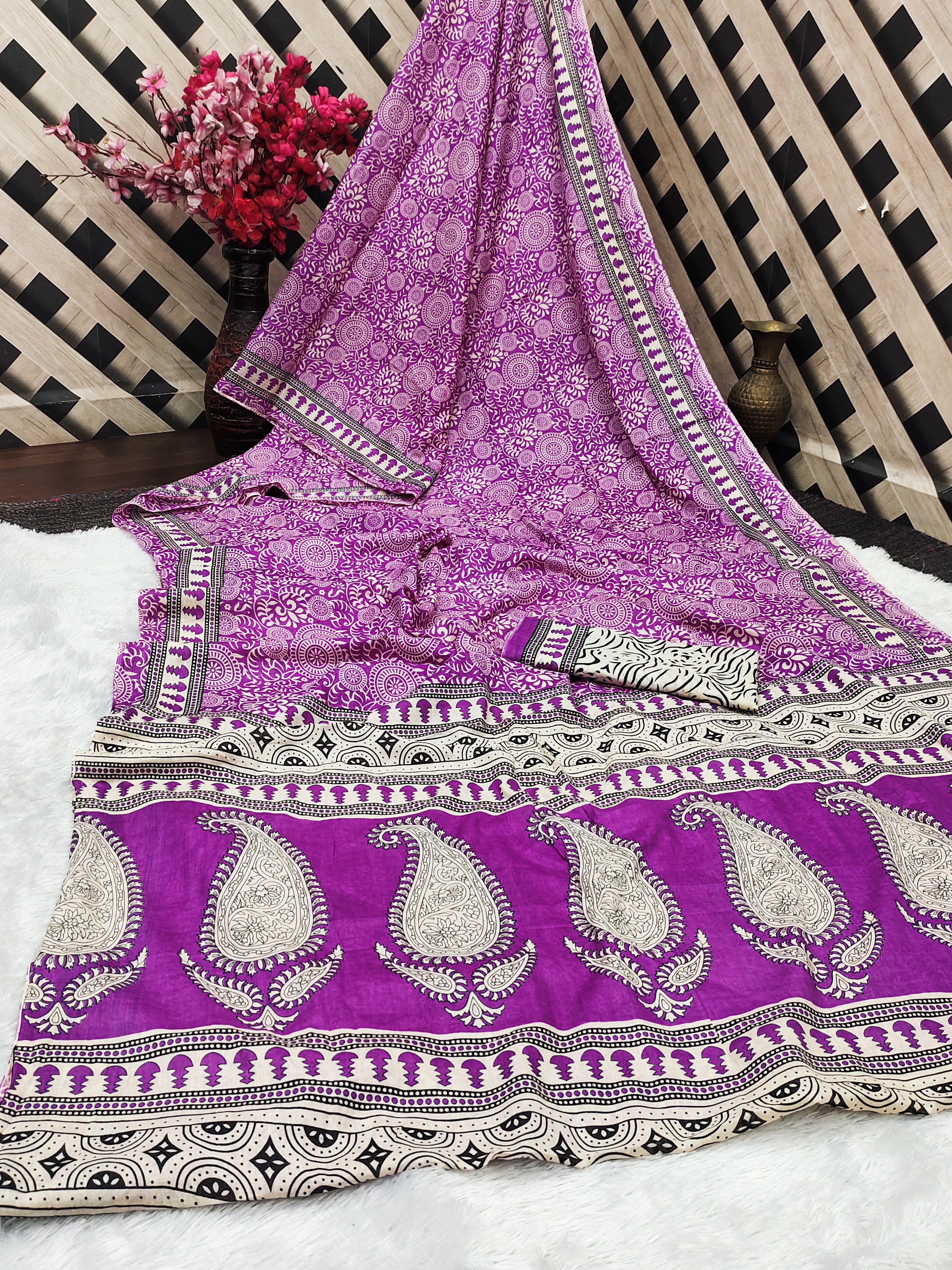 SHIVALIS PURE MULMUL COTTON AJRAKH BLOCK PRINT PURPLE SAREE