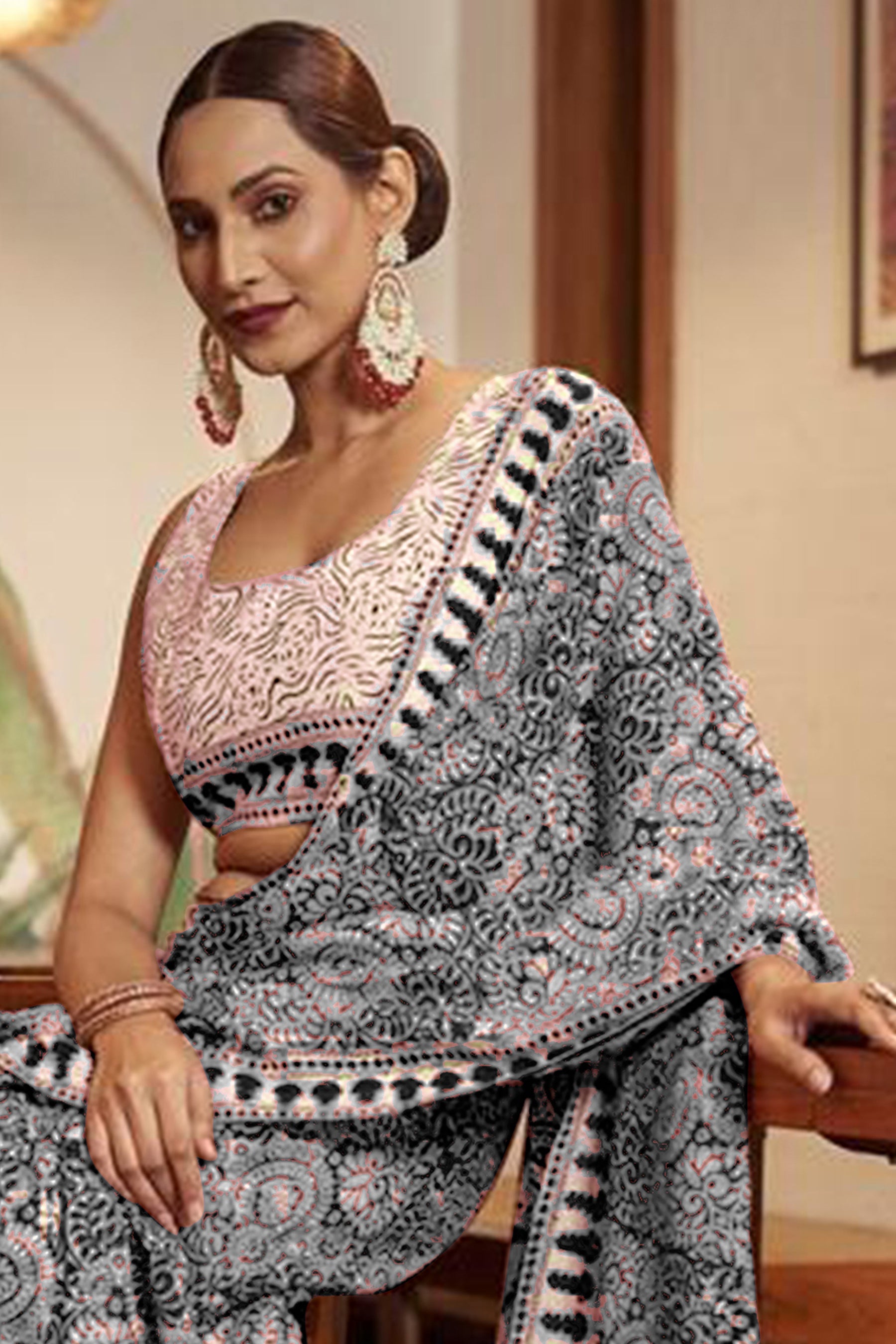 SHIVALIS PURE MULMUL COTTON AJRAKH BLOCK PRINT GREY SAREE