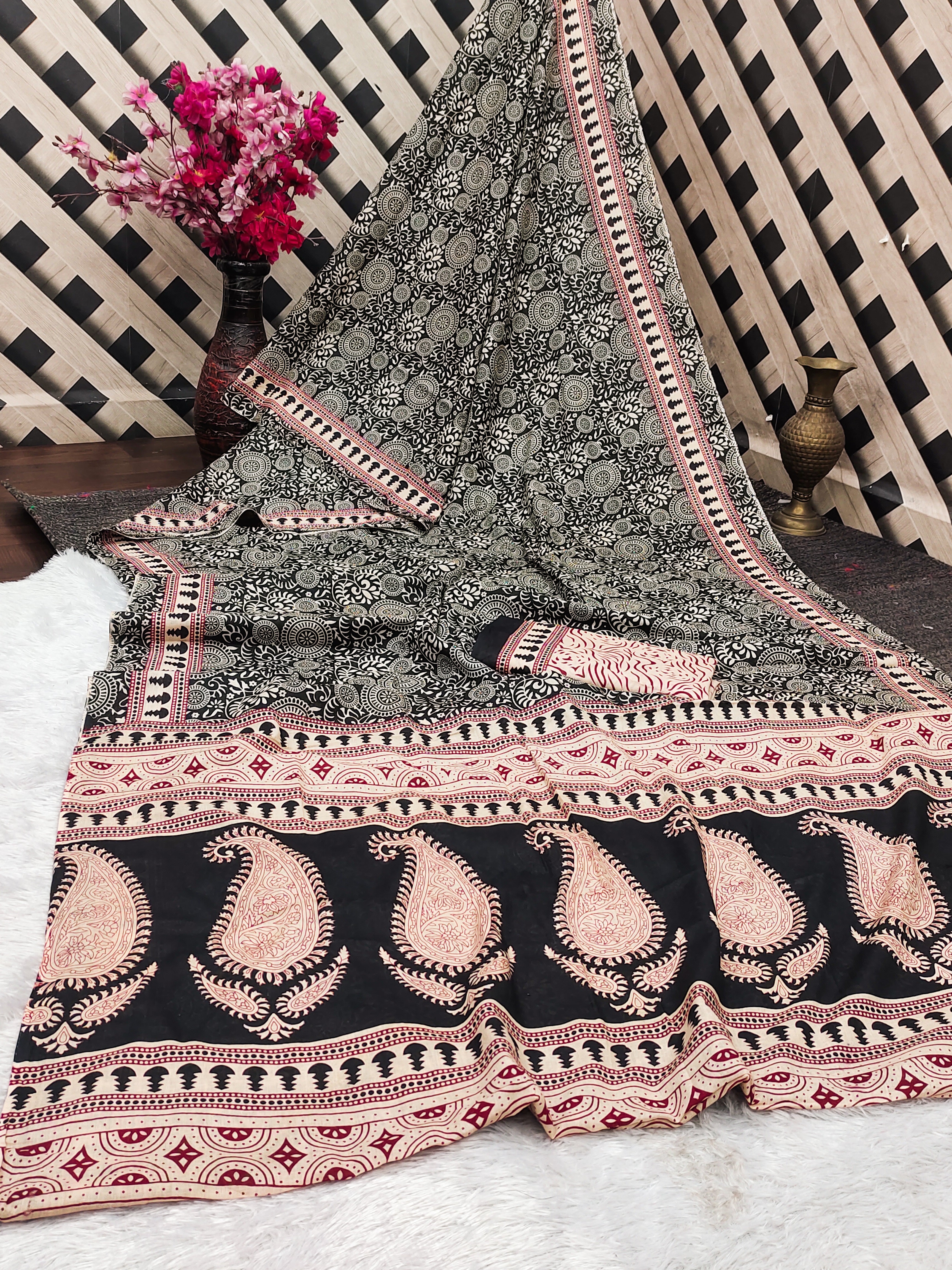 SHIVALIS PURE MULMUL COTTON AJRAKH BLOCK PRINT GREY SAREE