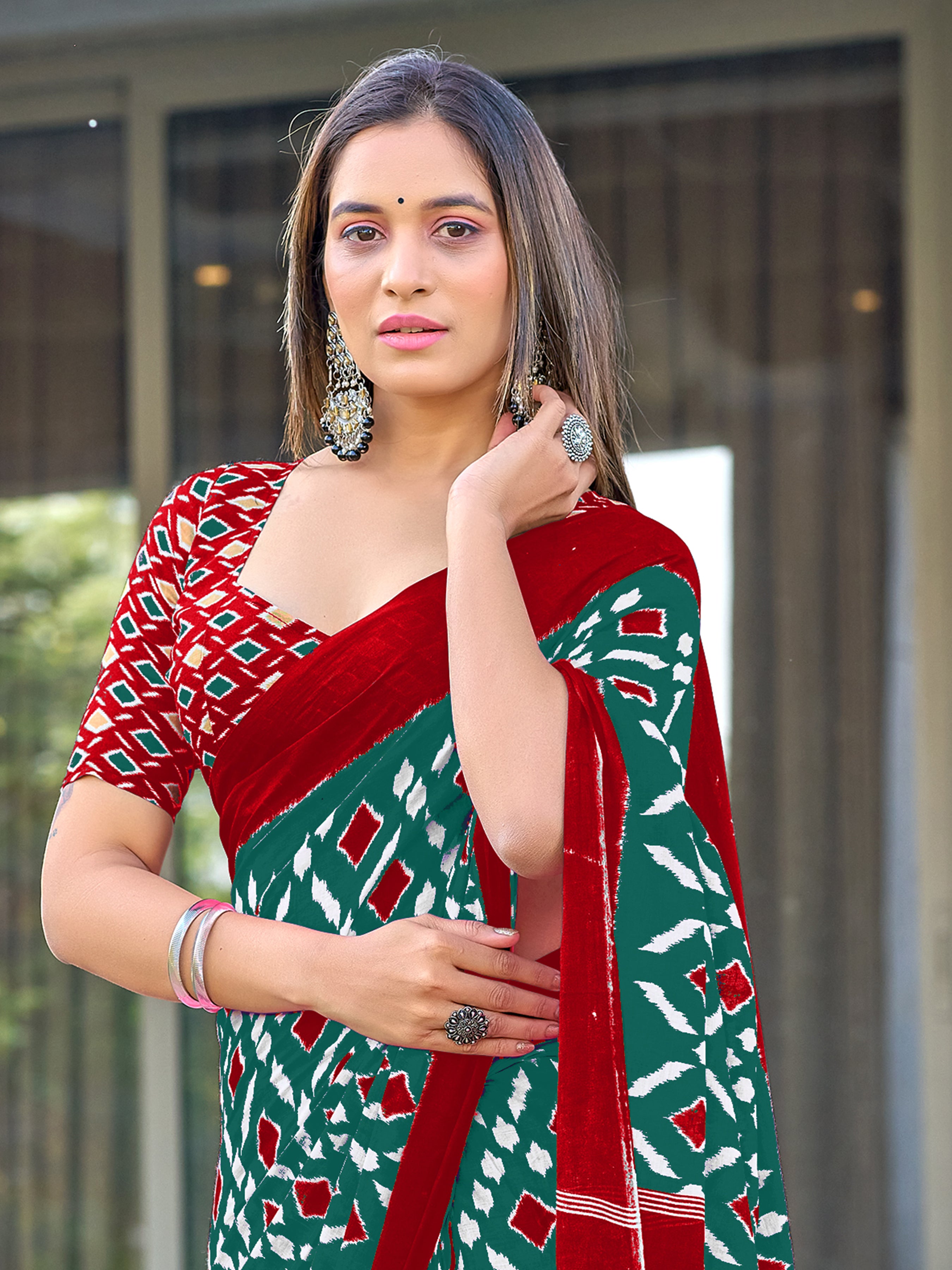 SIMRAN PURE MULMUL COTTON IKKAT  PRINTED GREEN SAREE