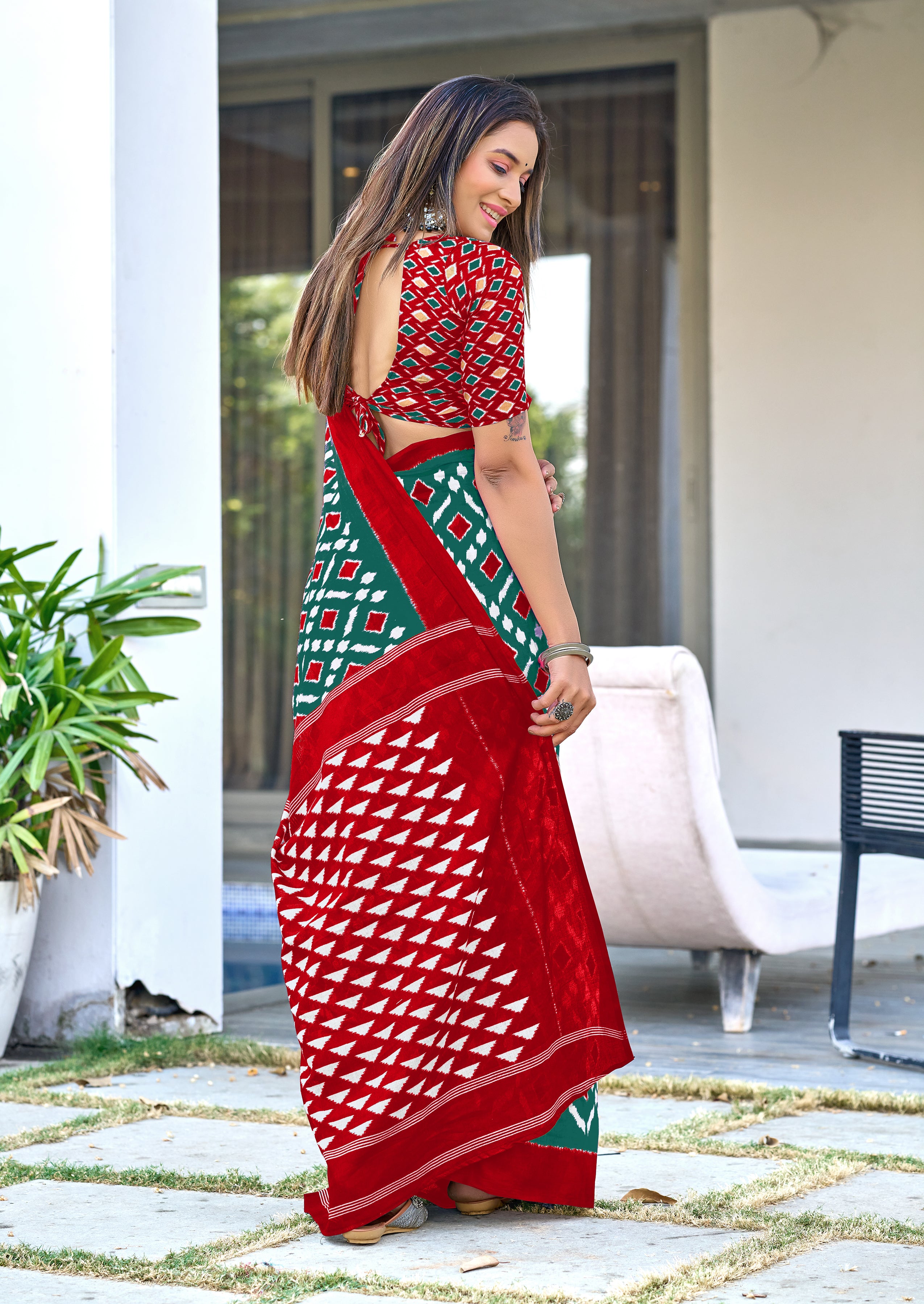 SIMRAN PURE MULMUL COTTON IKKAT  PRINTED GREEN SAREE