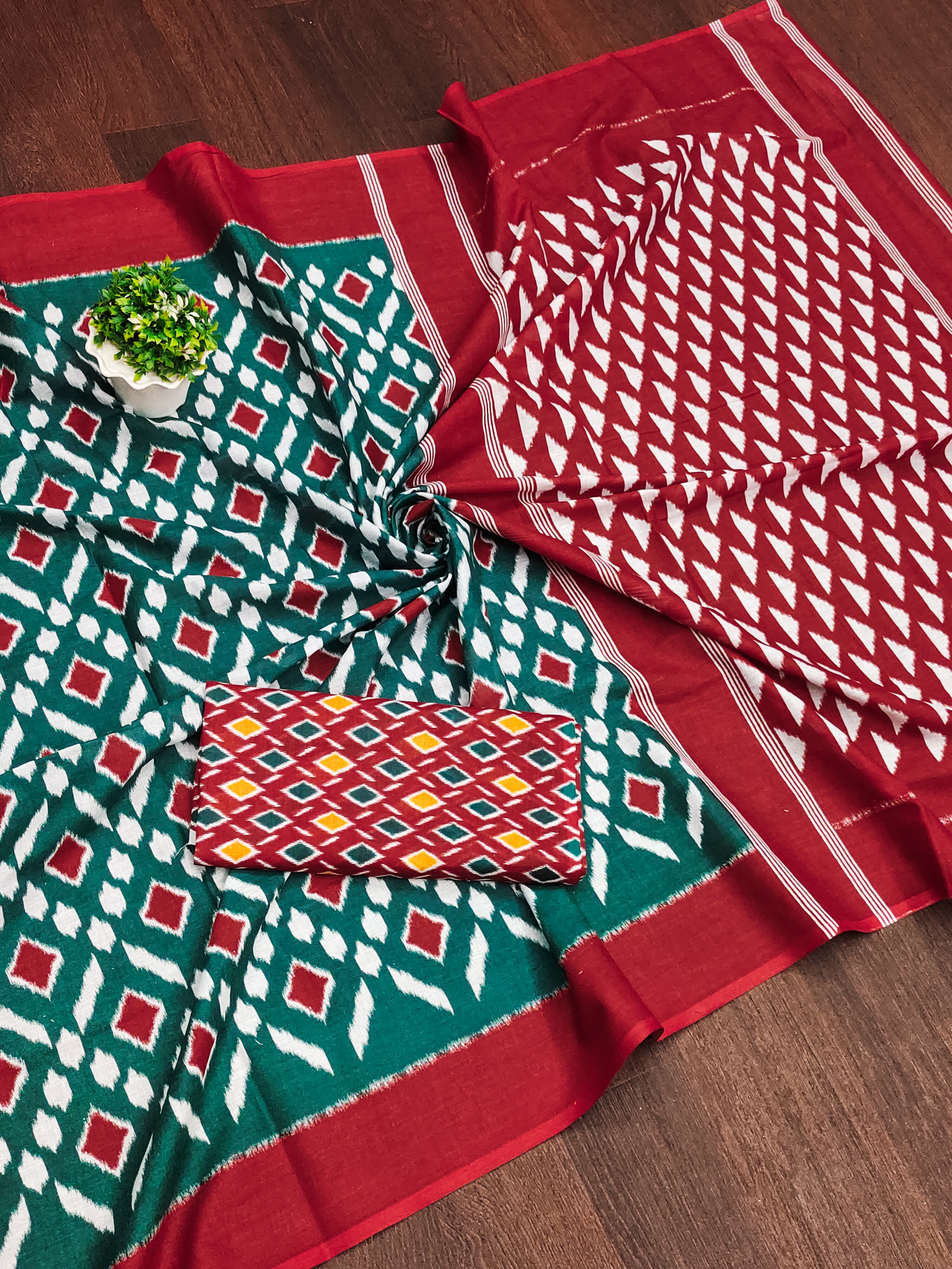 SIMRAN PURE MULMUL COTTON IKKAT  PRINTED GREEN SAREE