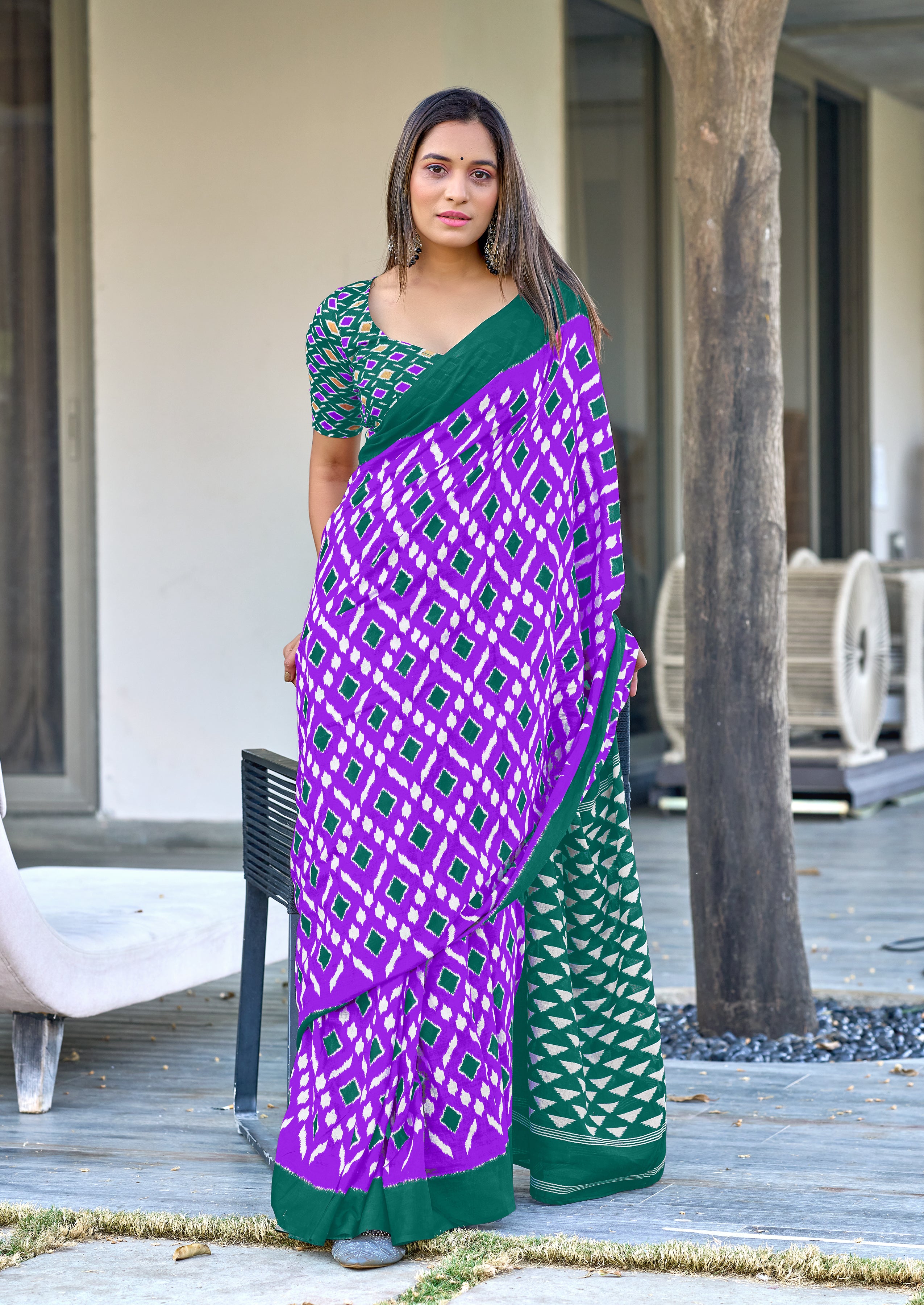 SIMRAN PURE MULMUL COTTON IKKAT  PRINTED PURPLE SAREE