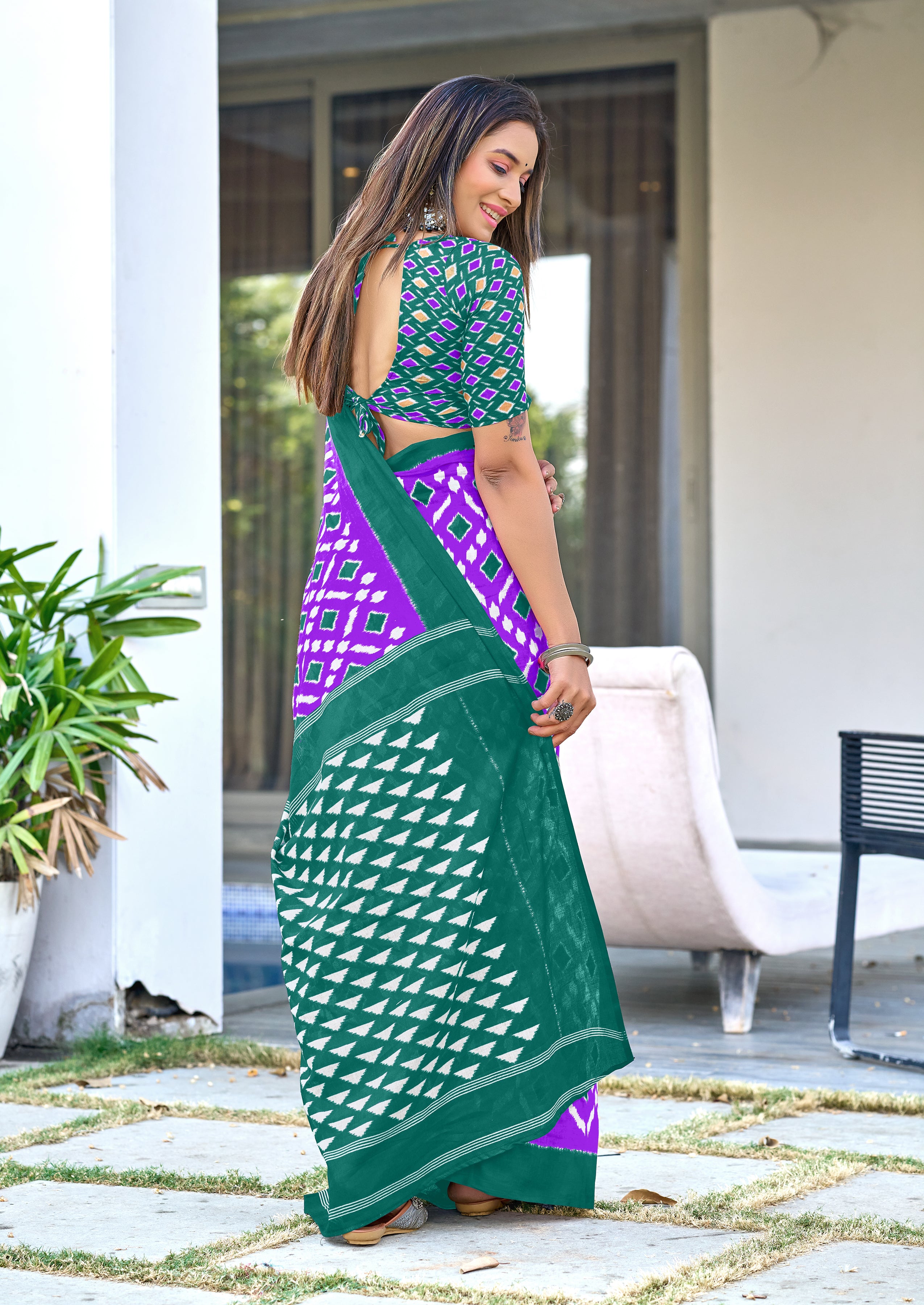 SIMRAN PURE MULMUL COTTON IKKAT  PRINTED PURPLE SAREE