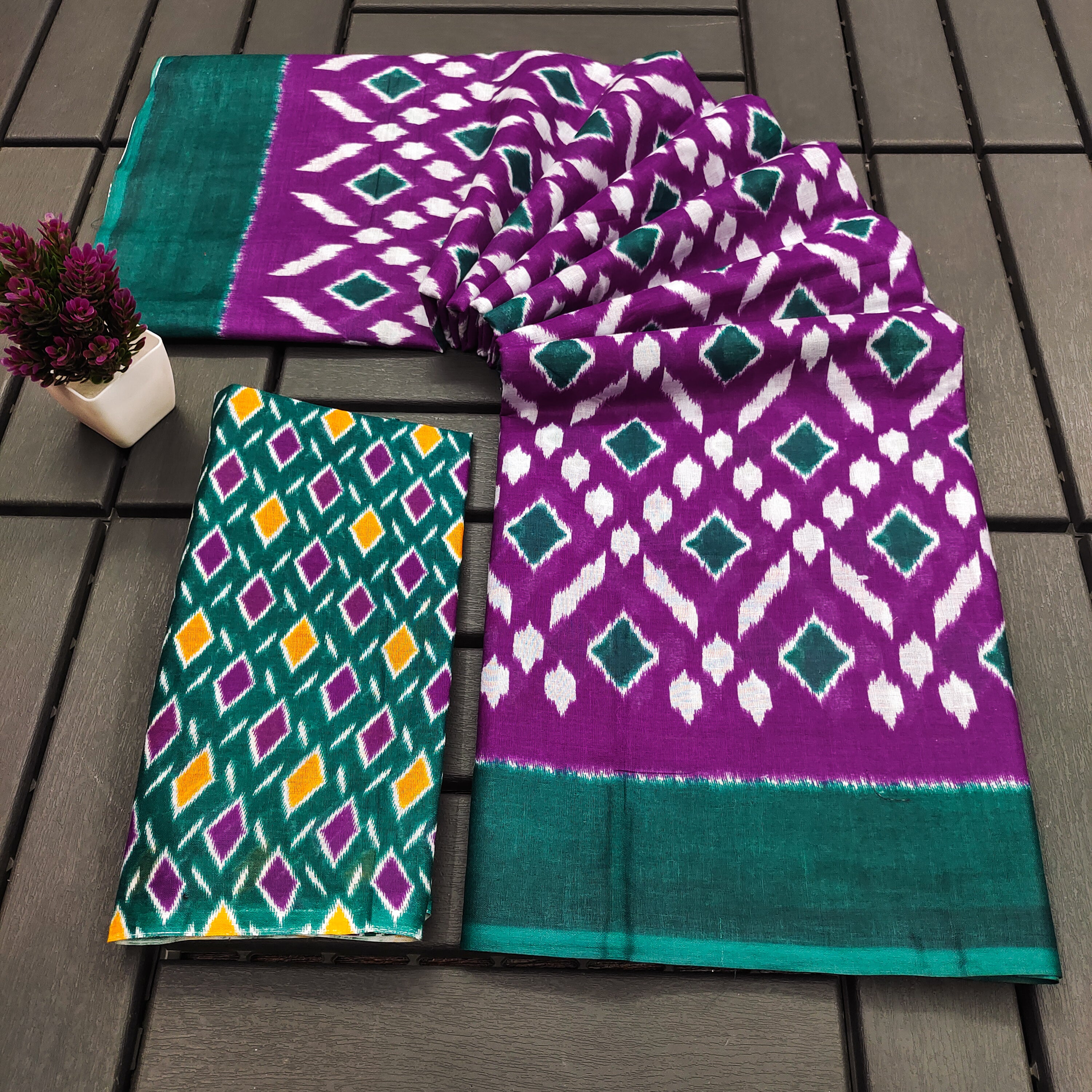 SIMRAN PURE MULMUL COTTON IKKAT  PRINTED PURPLE SAREE