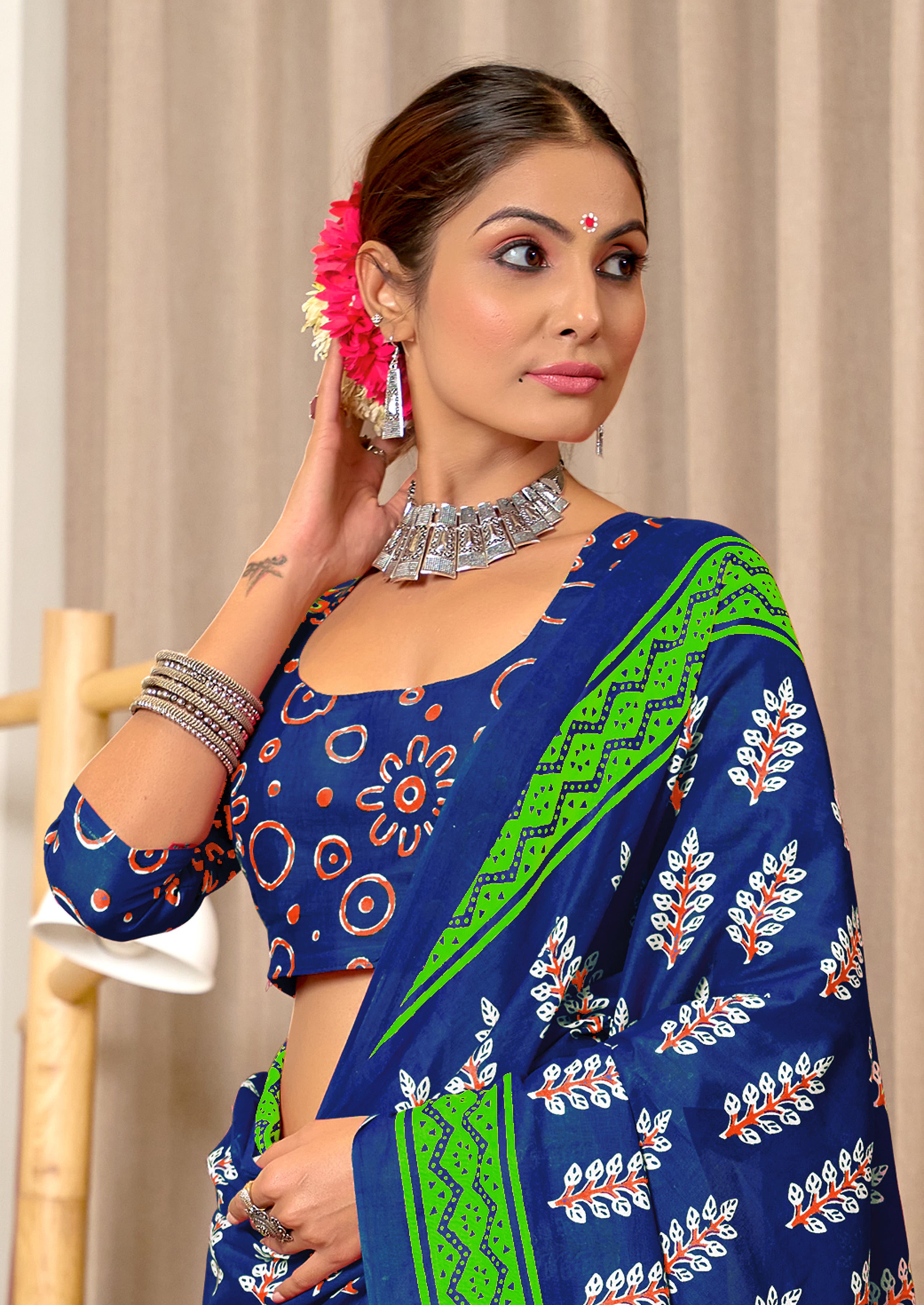 SITARA PURE MULMUL COTTON HAND BLOCK PRINTD BLUE SAREE