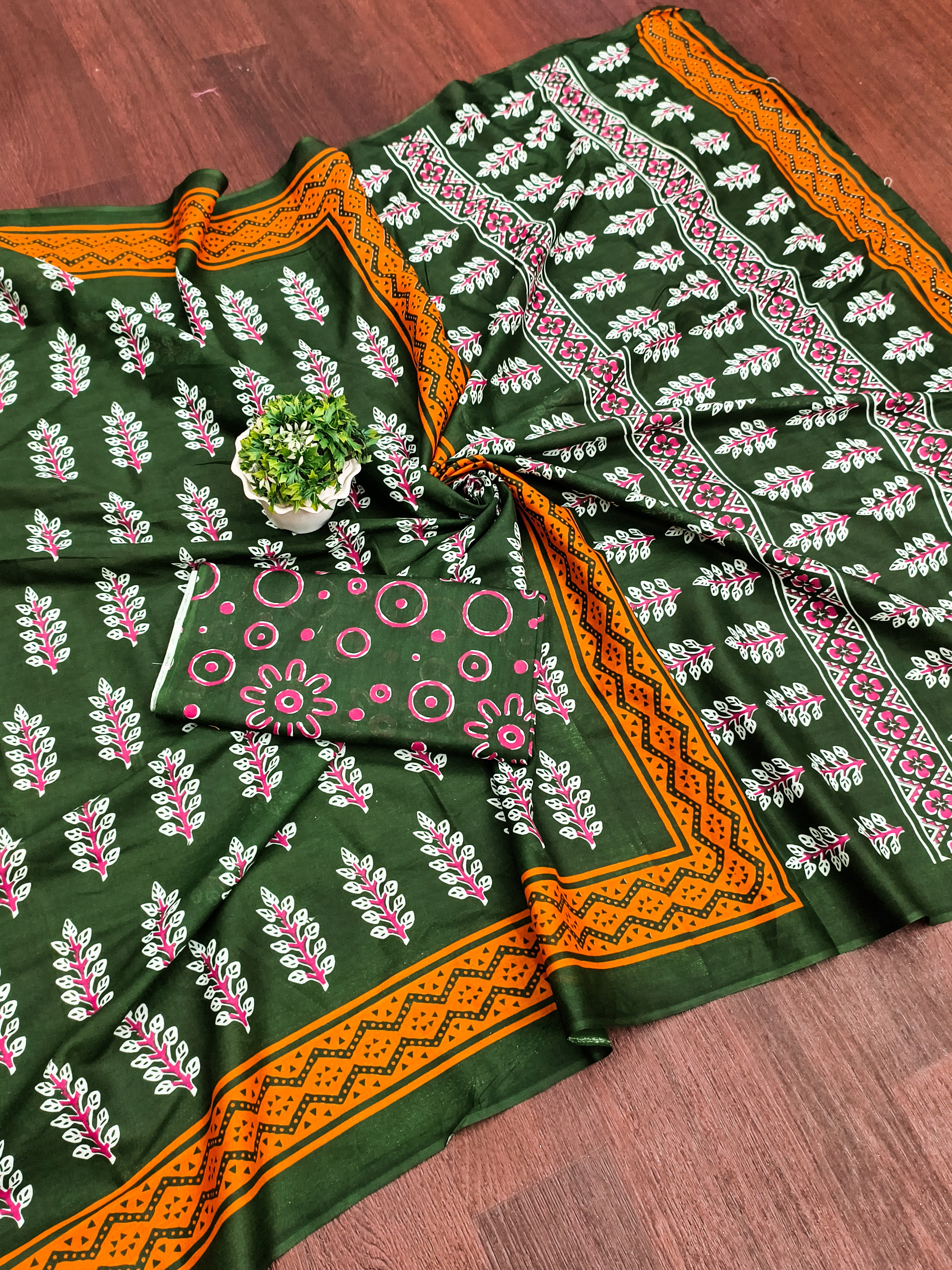 SITARA PURE MULMUL COTTON HAND BLOCK PRINTD GREEN SAREE