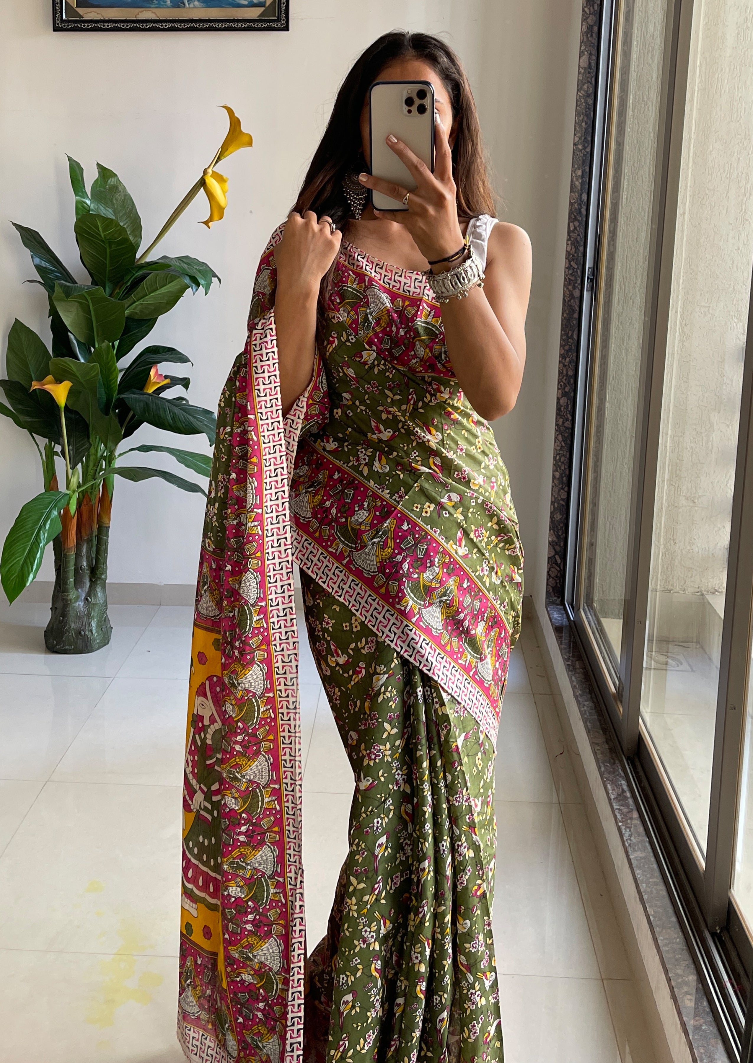 SLEFI 19  PURE MUL COTTON TRADITIONAL KALMKARI HANDBLOCK PRINT OLIVE GREEN SAREE