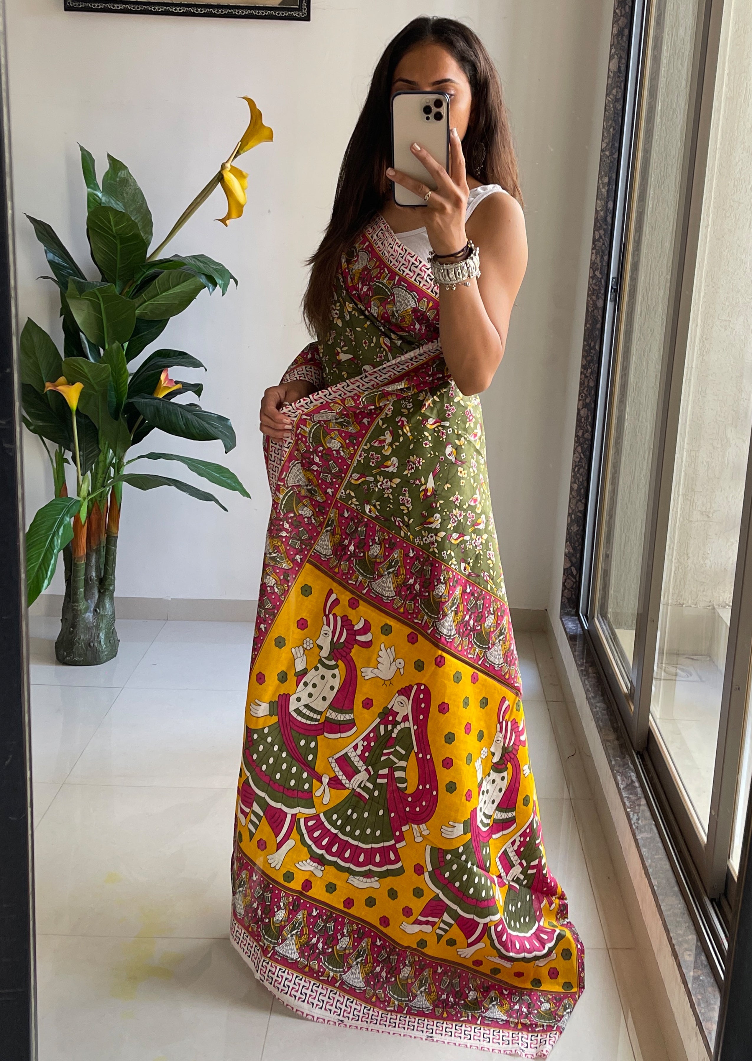 SLEFI 19  PURE MUL COTTON TRADITIONAL KALMKARI HANDBLOCK PRINT OLIVE GREEN SAREE