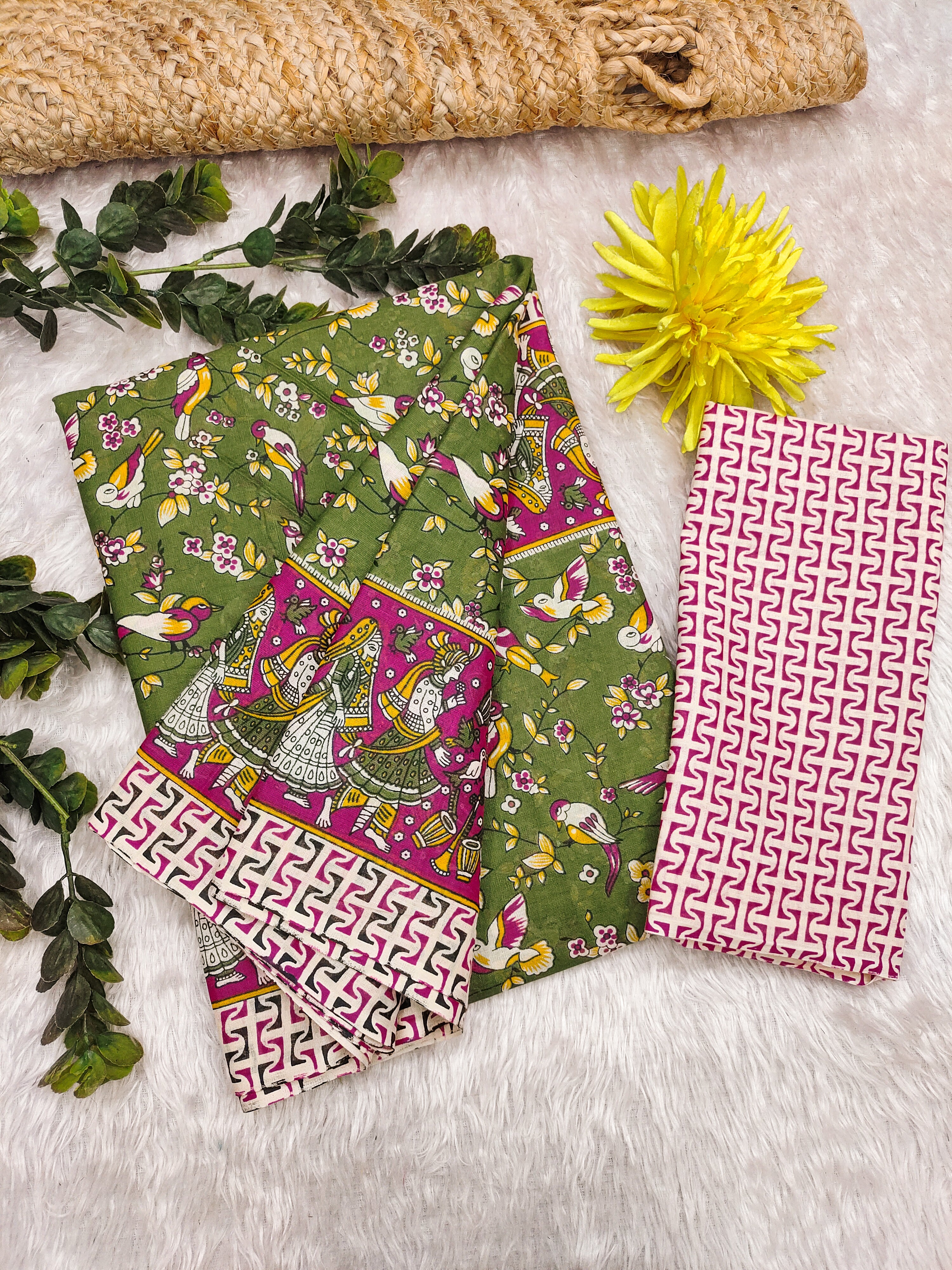 SLEFI 19  PURE MUL COTTON TRADITIONAL KALMKARI HANDBLOCK PRINT OLIVE GREEN SAREE