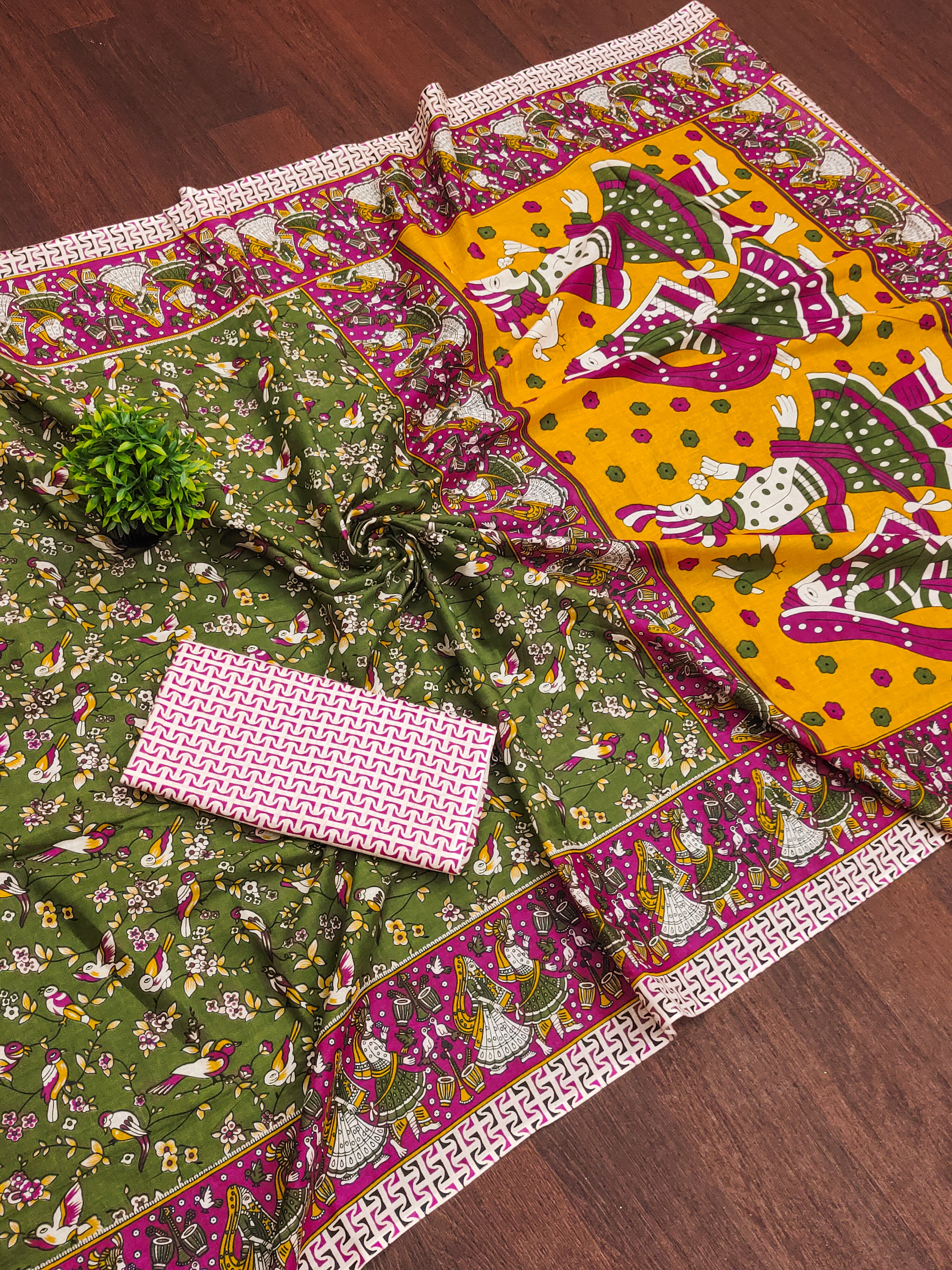 SLEFI 19  PURE MUL COTTON TRADITIONAL KALMKARI HANDBLOCK PRINT OLIVE GREEN SAREE