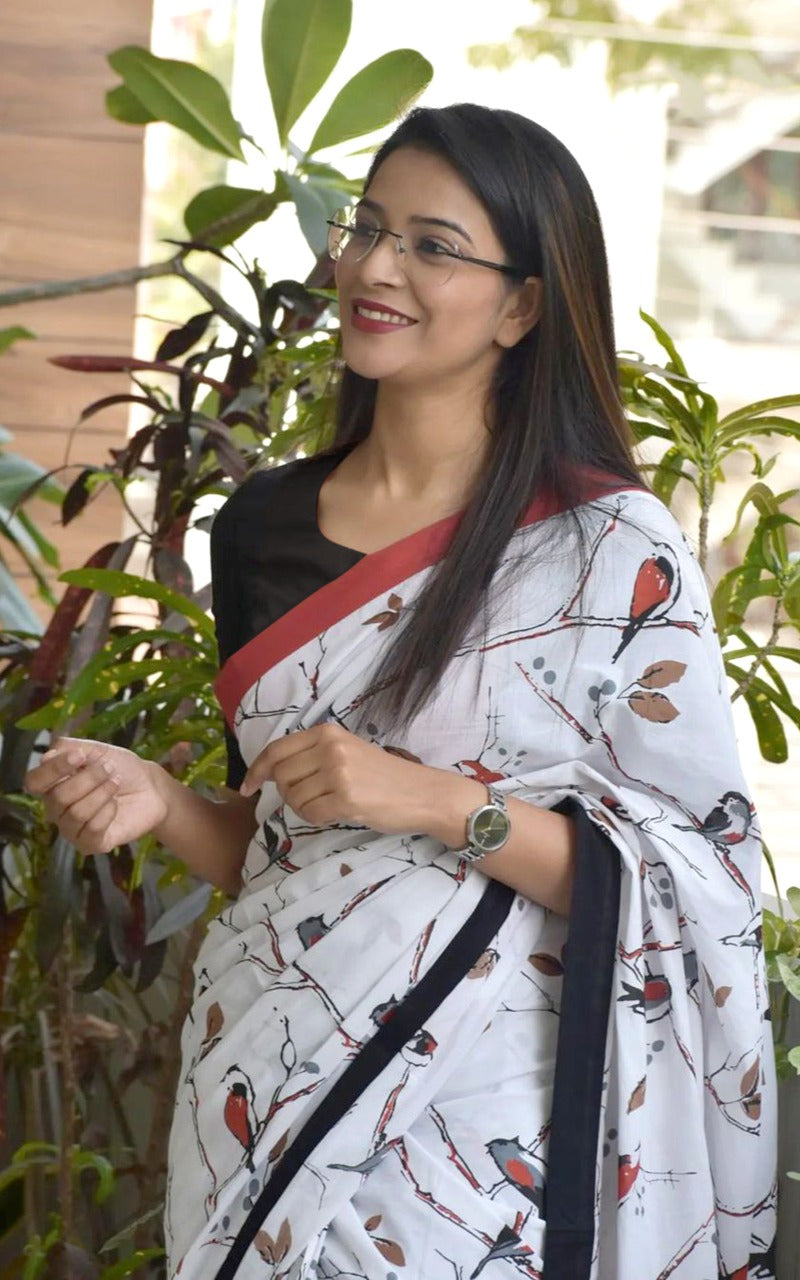 SPARROW PURE COTTON JAIPUR BLOCK PRINT BLACK AND WHITE SAREE