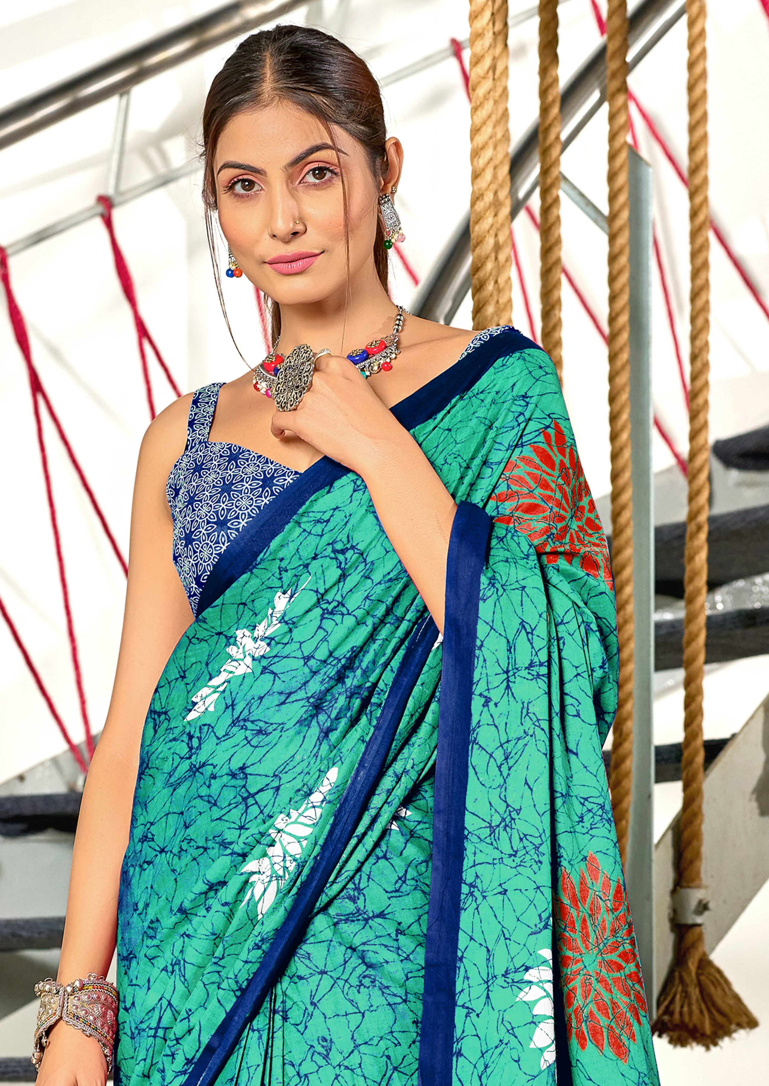 SRIVIDYA PURE MULMUL FLORAL BLOCK PRINTD AQUA SAREE