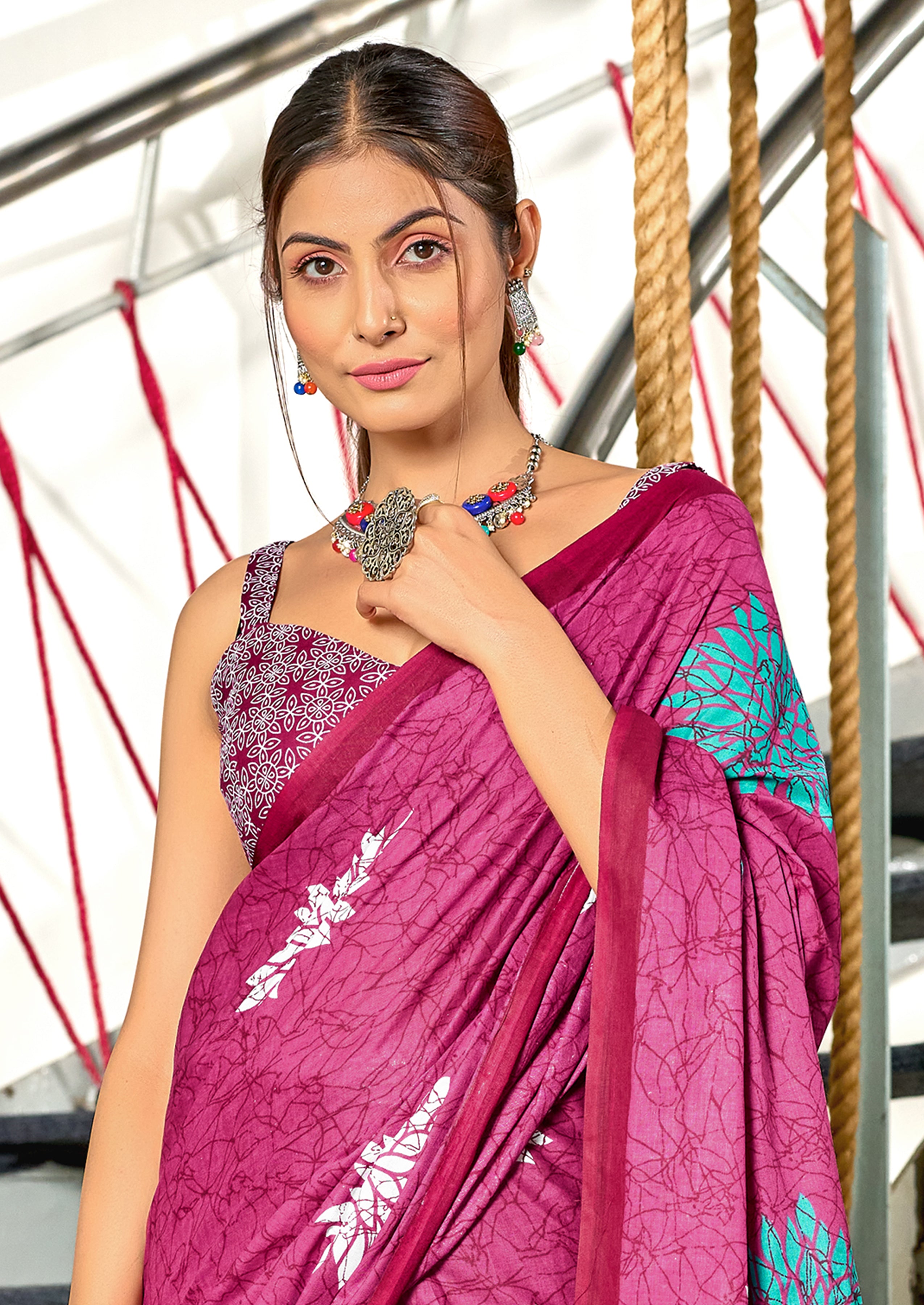 SRIVIDYA PURE MULMUL FLORAL BLOCK PRINTD PINK SAREE