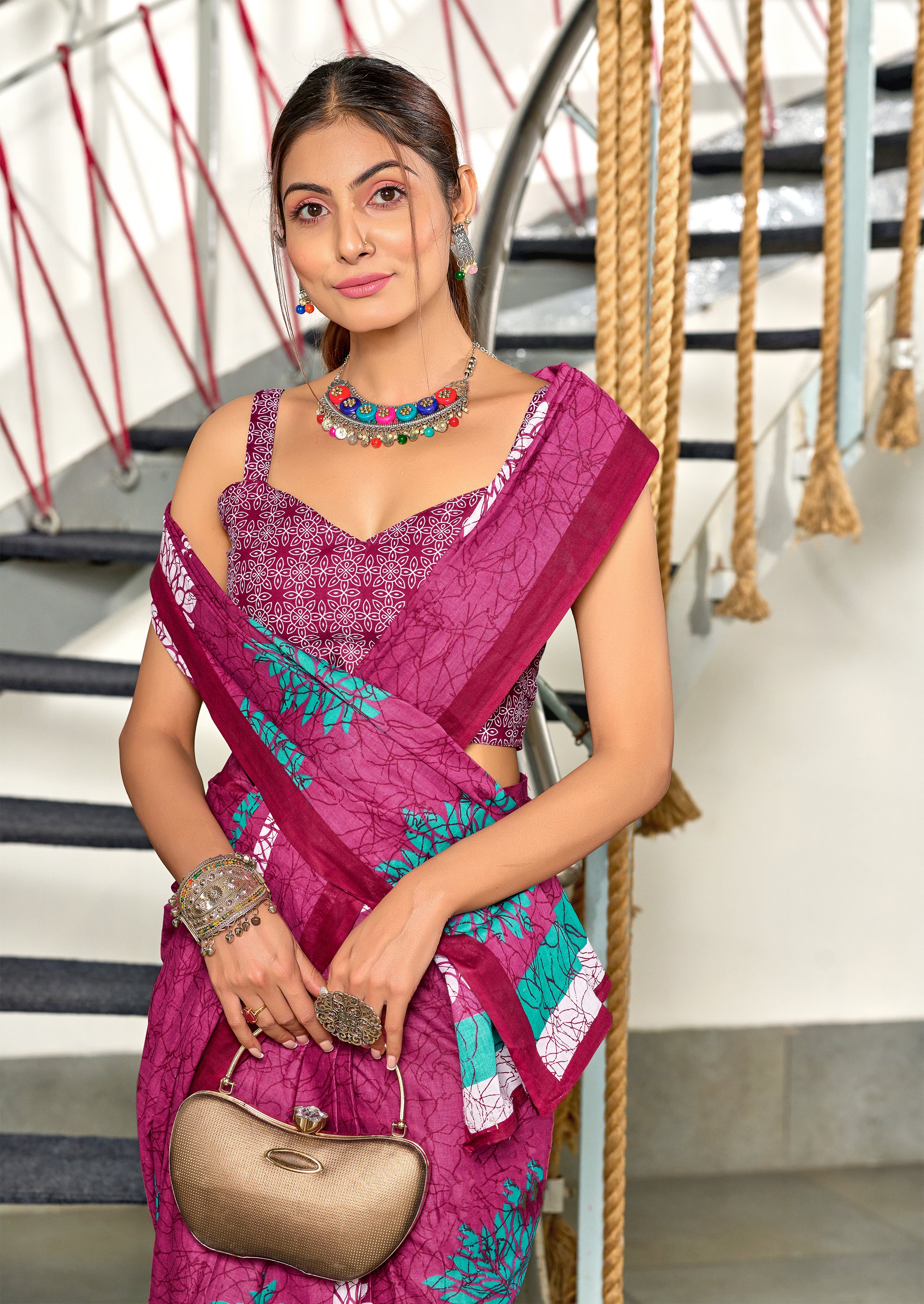 SRIVIDYA PURE MULMUL FLORAL BLOCK PRINTD PINK SAREE