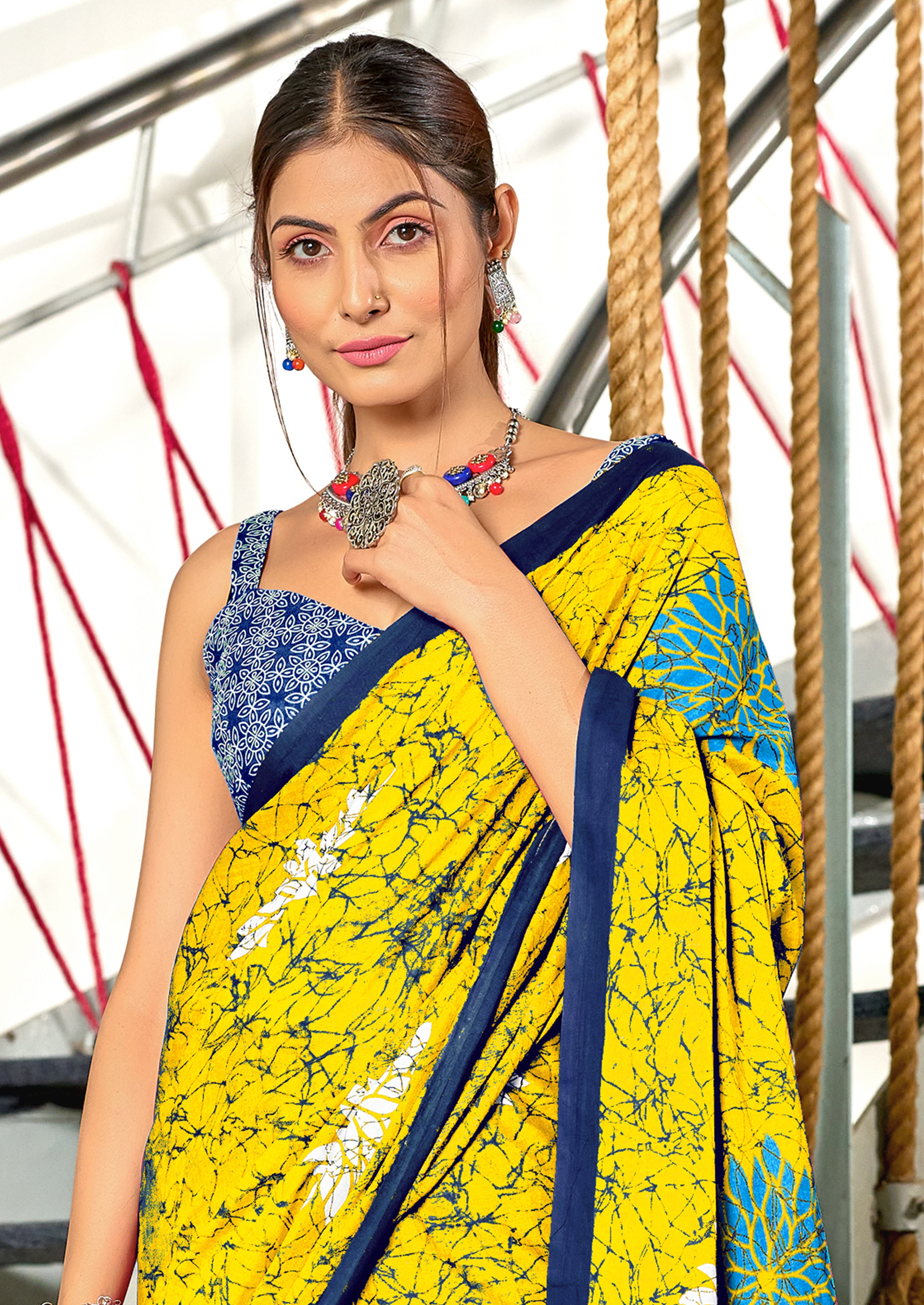 SRIVIDYA PURE MULMUL FLORAL BLOCK PRINTD YELLOW SAREE