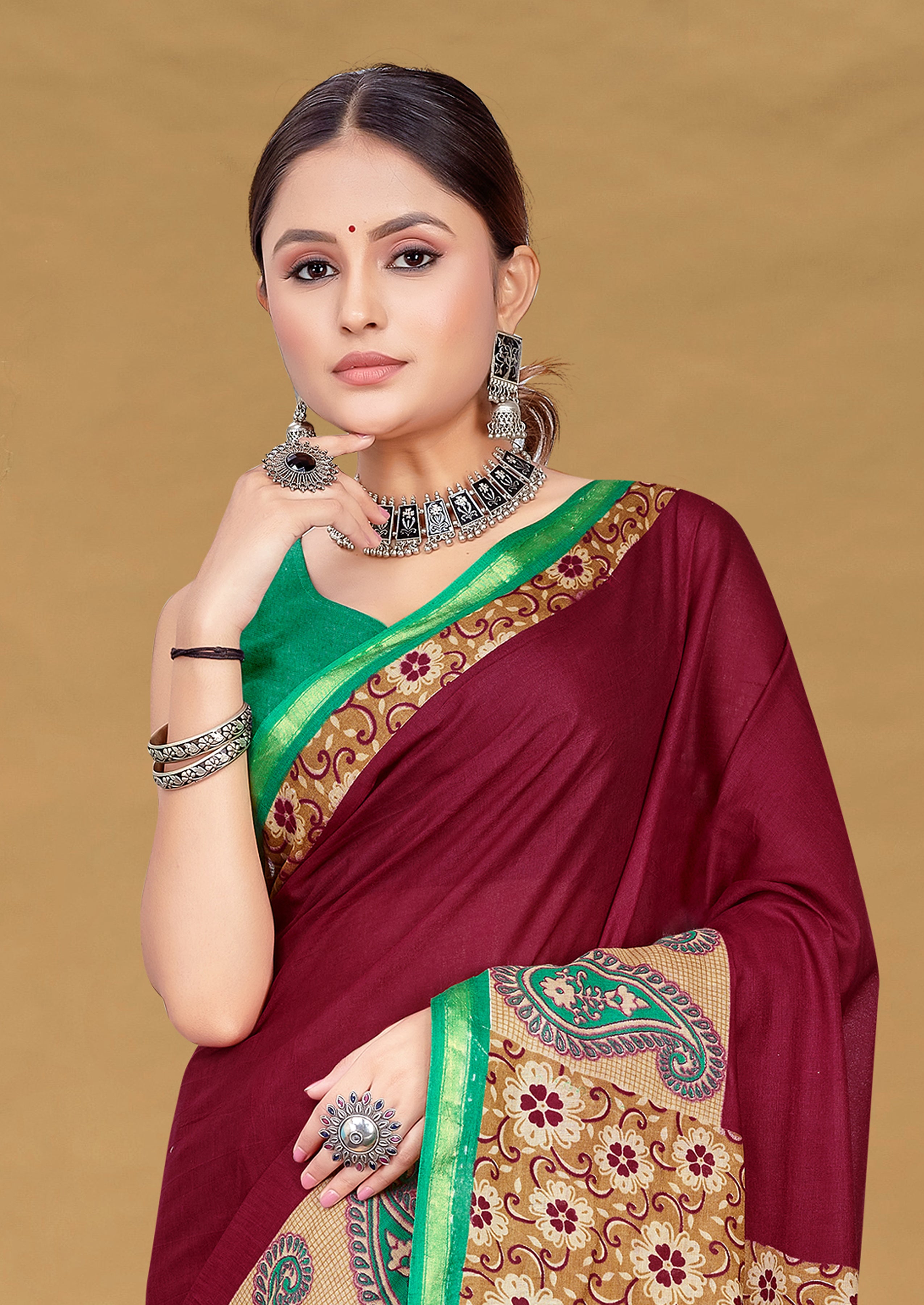 SUDHA BAGRU BLOCK PRINT SOFT MASLIN COTTON ZARI GOLDEN BORDER MAROON SAREE