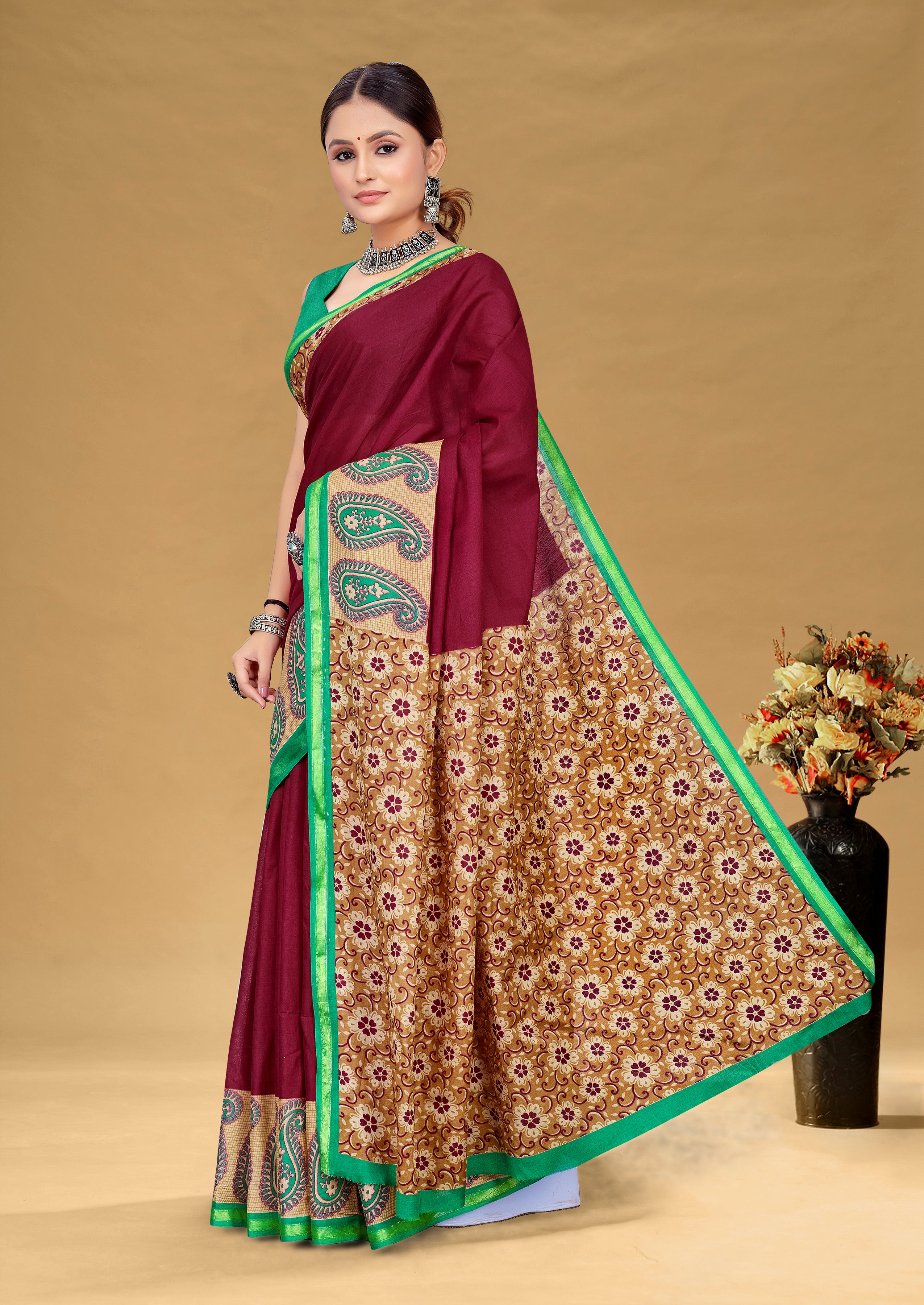 SUDHA BAGRU BLOCK PRINT SOFT MASLIN COTTON ZARI GOLDEN BORDER MAROON SAREE