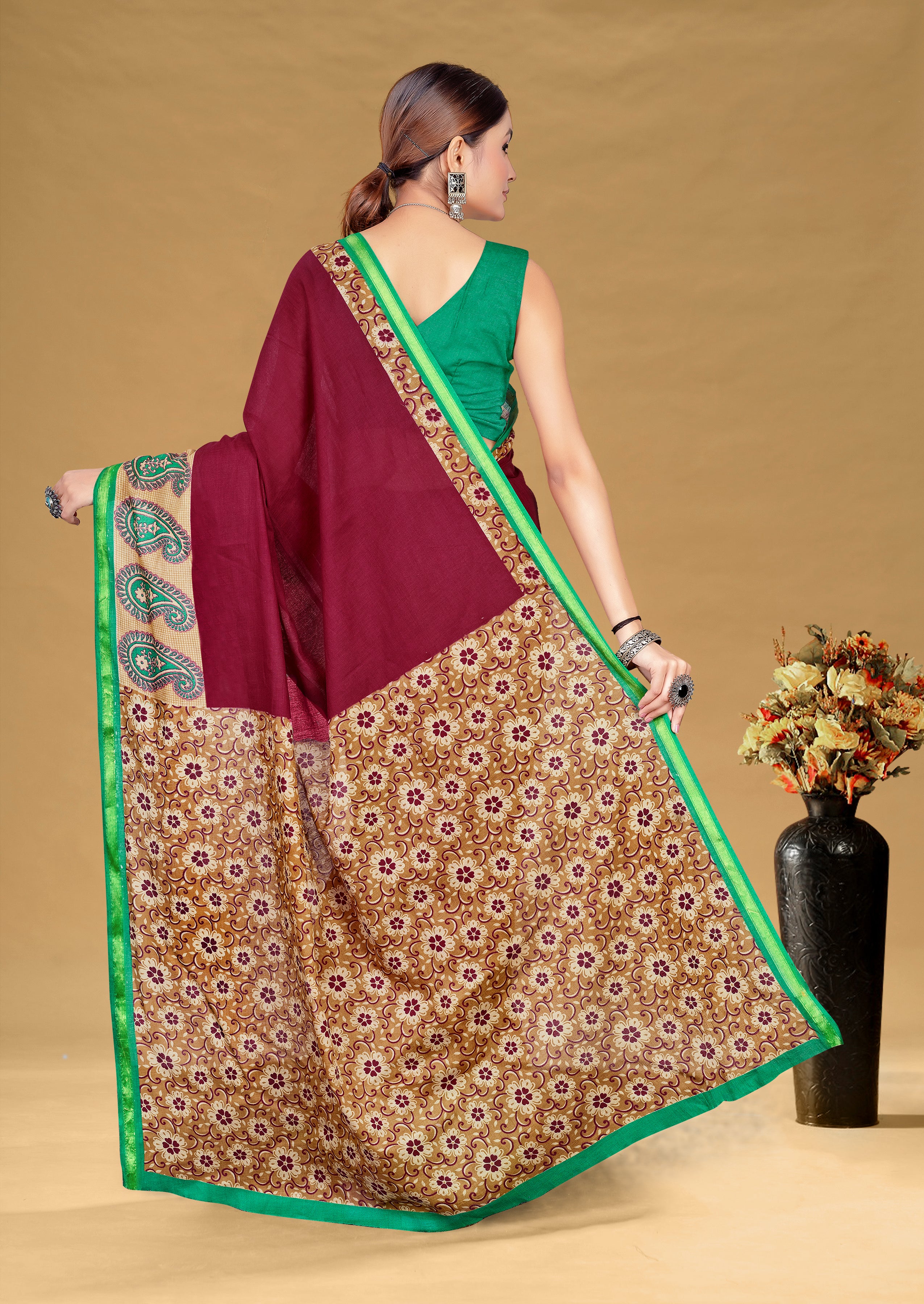 SUDHA BAGRU BLOCK PRINT SOFT MASLIN COTTON ZARI GOLDEN BORDER MAROON SAREE