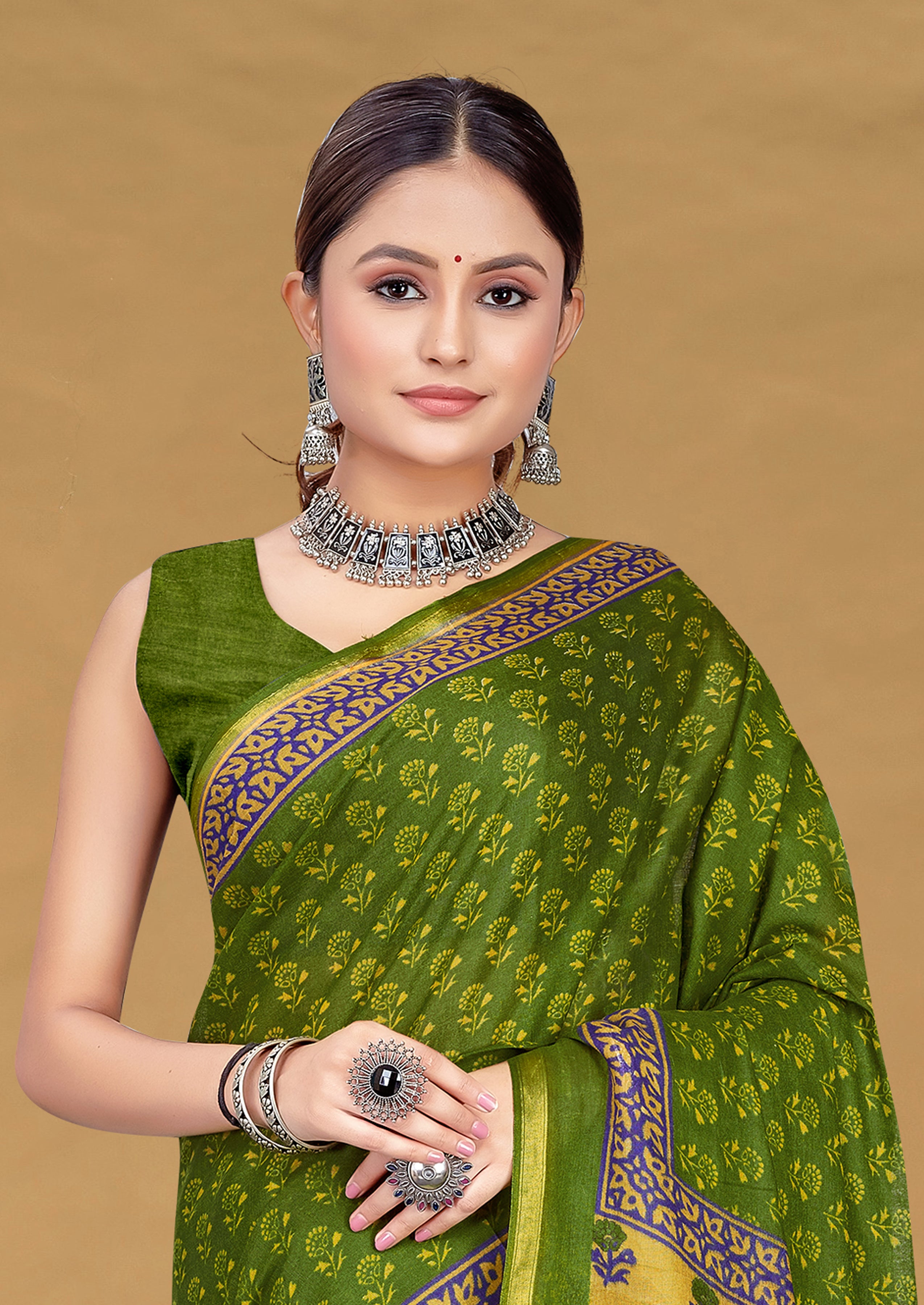 SUDHA BAGRU BLOCK PRINT SOFT MASLIN COTTON ZARI GOLDEN BORDER GREEN SAREE