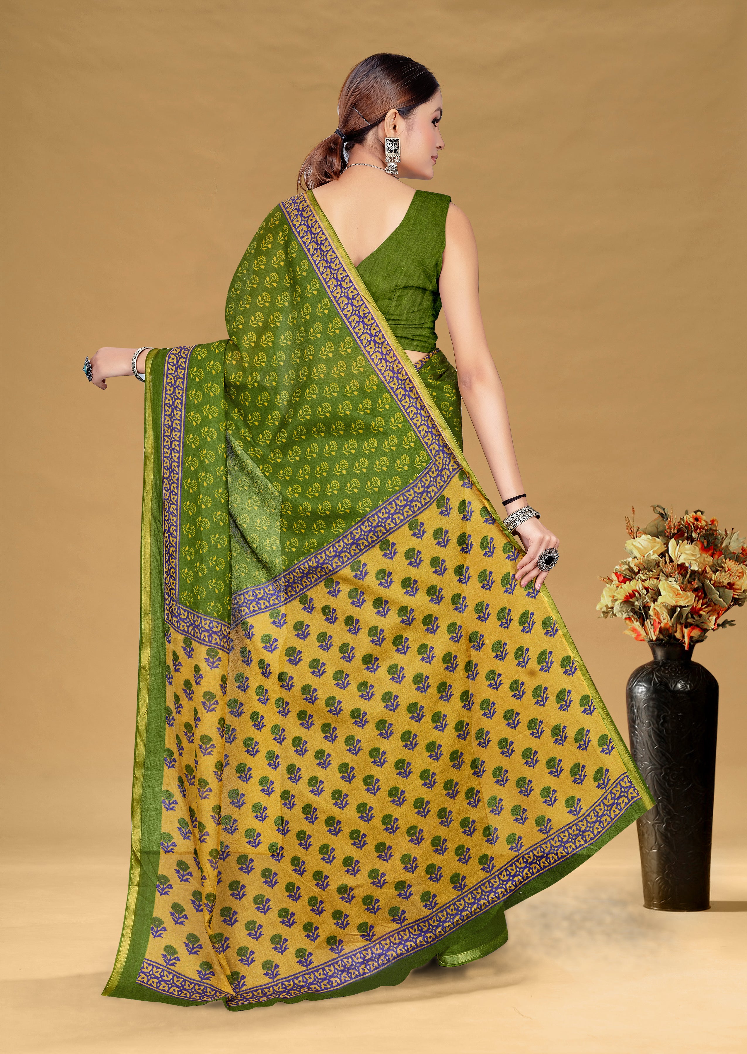 SUDHA BAGRU BLOCK PRINT SOFT MASLIN COTTON ZARI GOLDEN BORDER GREEN SAREE