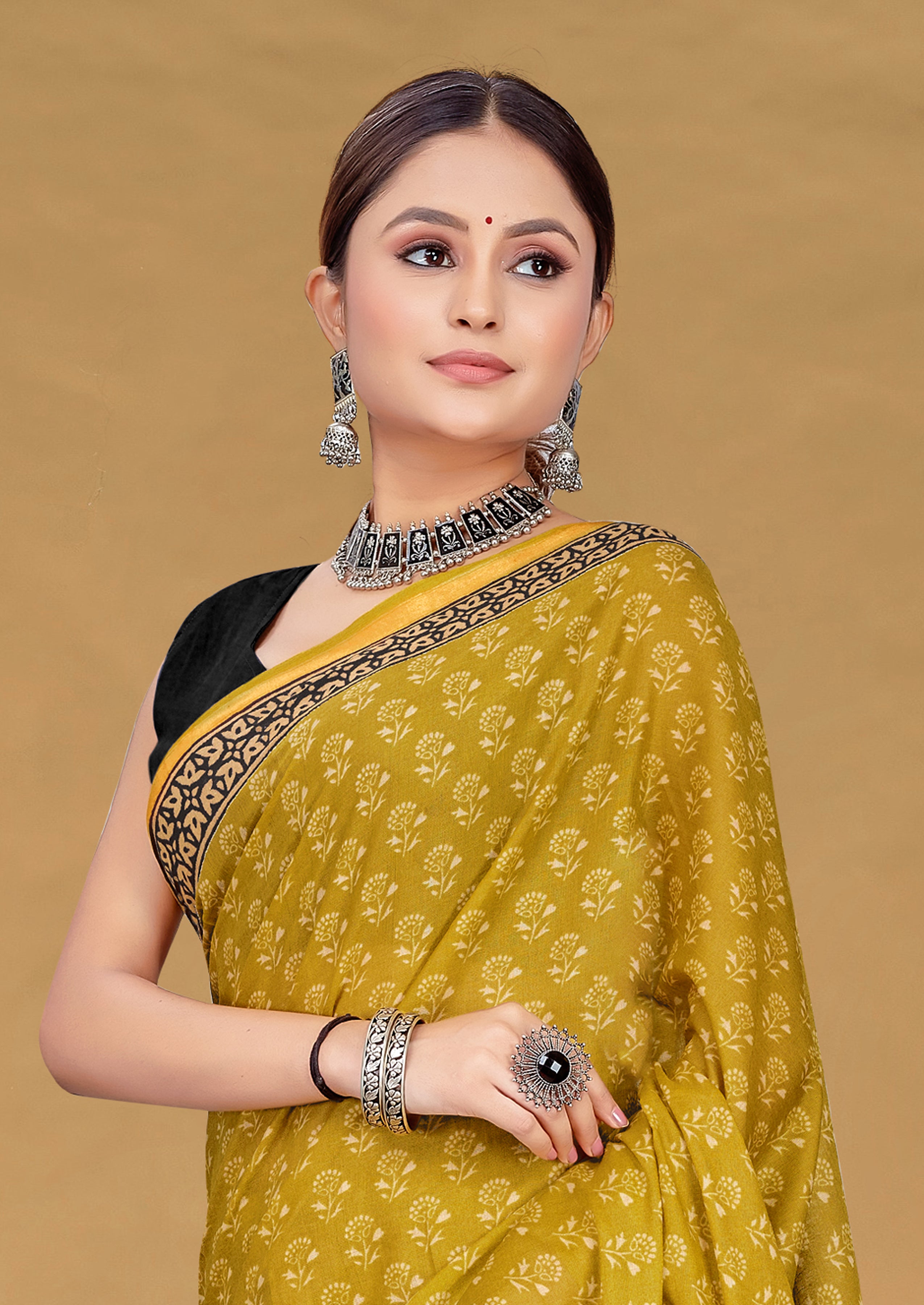 SUDHA BAGRU BLOCK PRINT SOFT MASLIN COTTON ZARI GOLDEN BORDER YELLOW SAREE