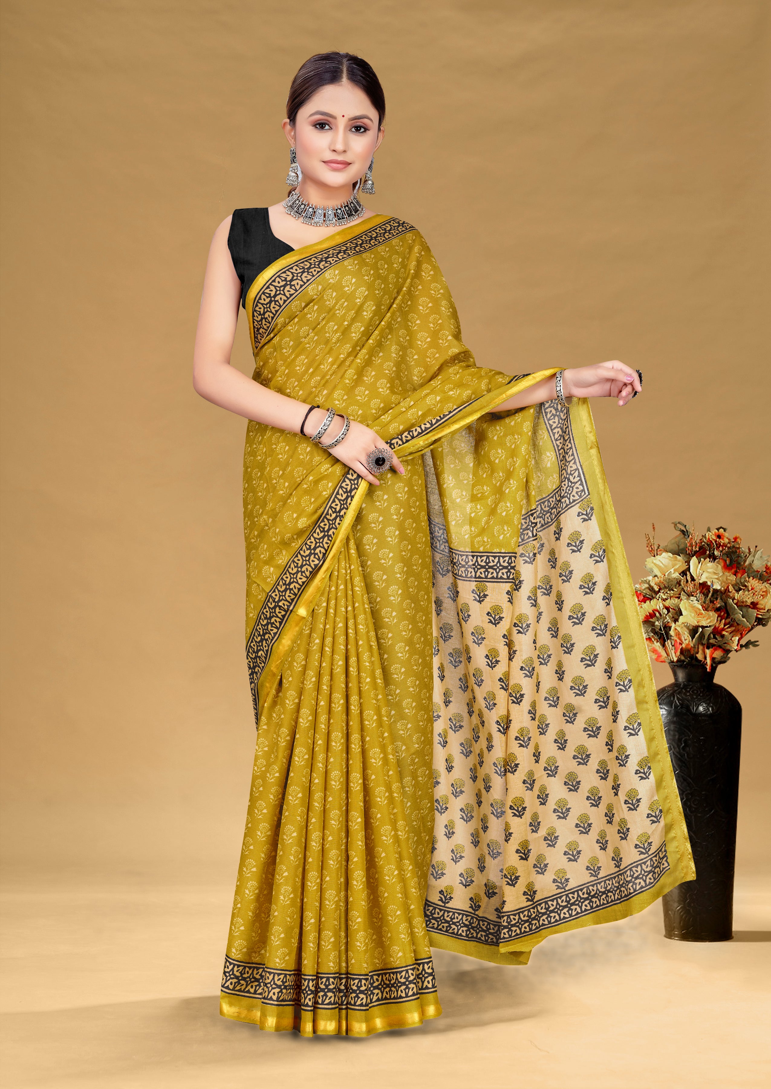 SUDHA BAGRU BLOCK PRINT SOFT MASLIN COTTON ZARI GOLDEN BORDER YELLOW SAREE