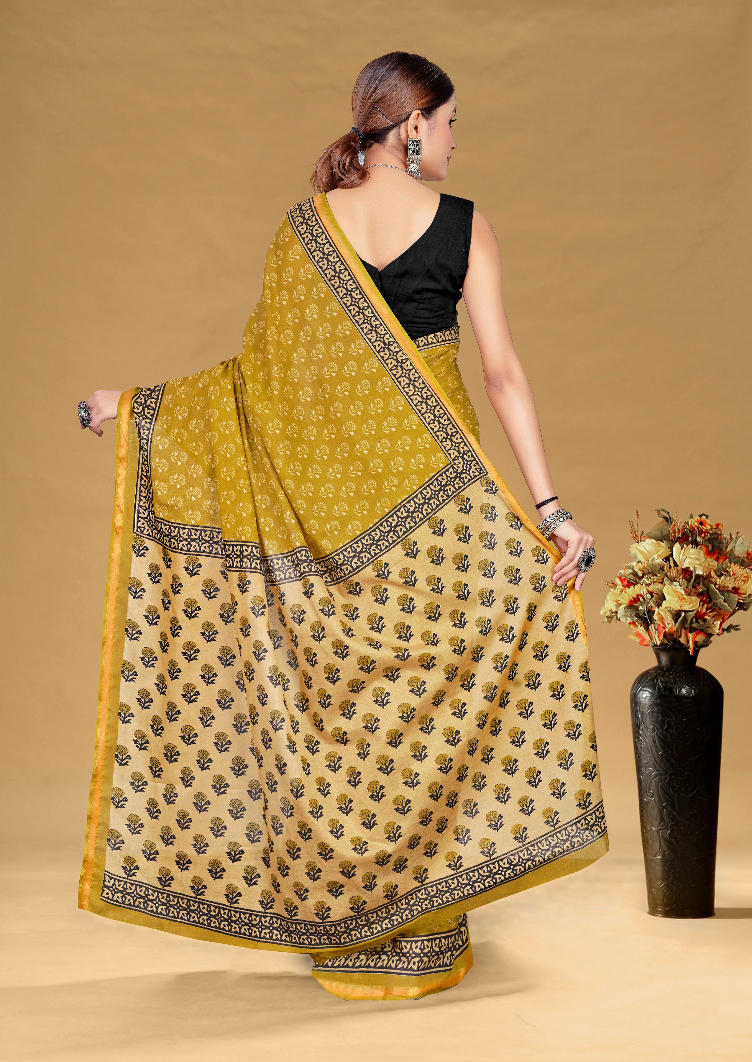 SUDHA BAGRU BLOCK PRINT SOFT MASLIN COTTON ZARI GOLDEN BORDER YELLOW SAREE