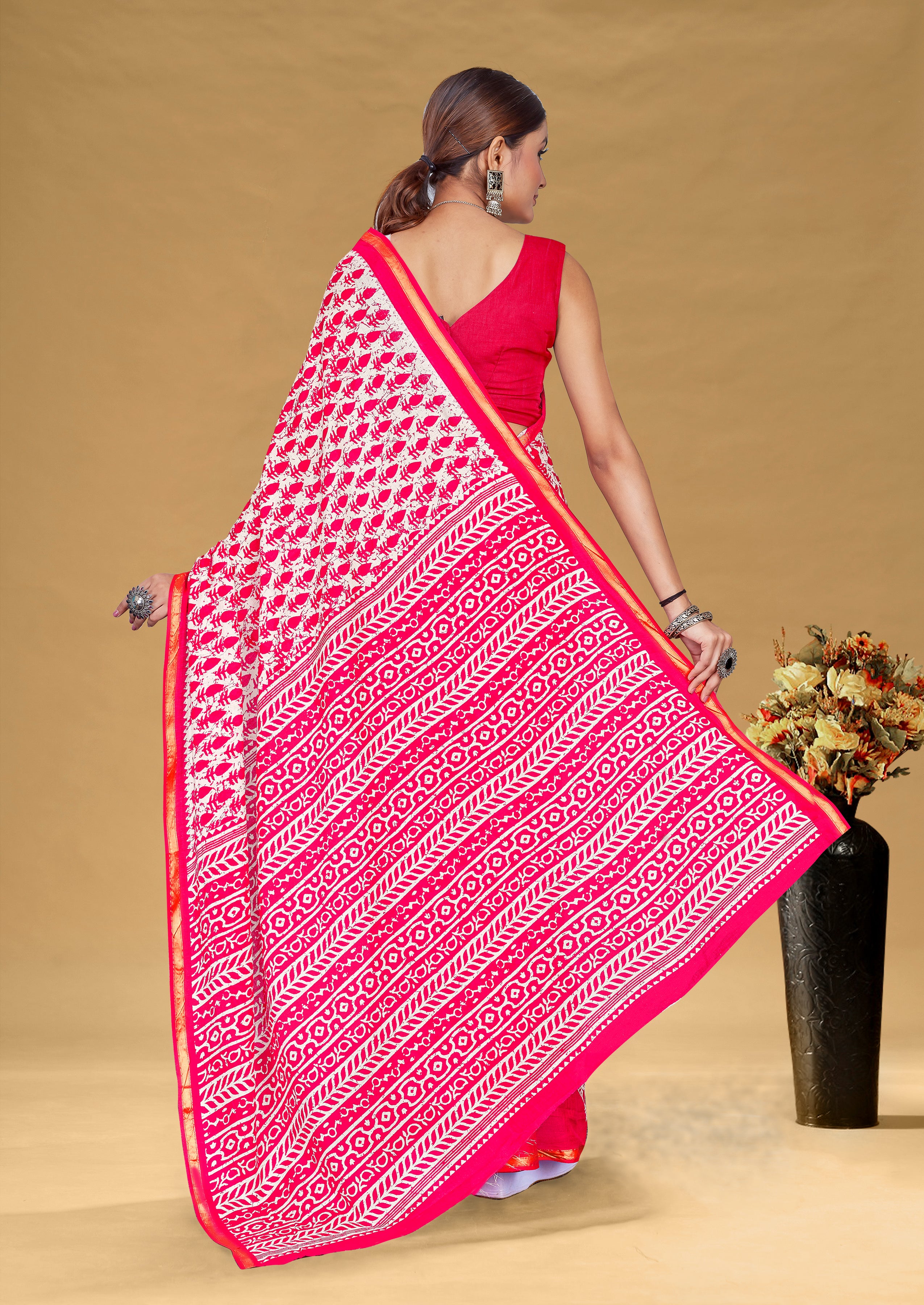 SUDHA BAGRU BLOCK PRINT SOFT MASLIN COTTON ZARI GOLDEN BORDER PINK SAREE