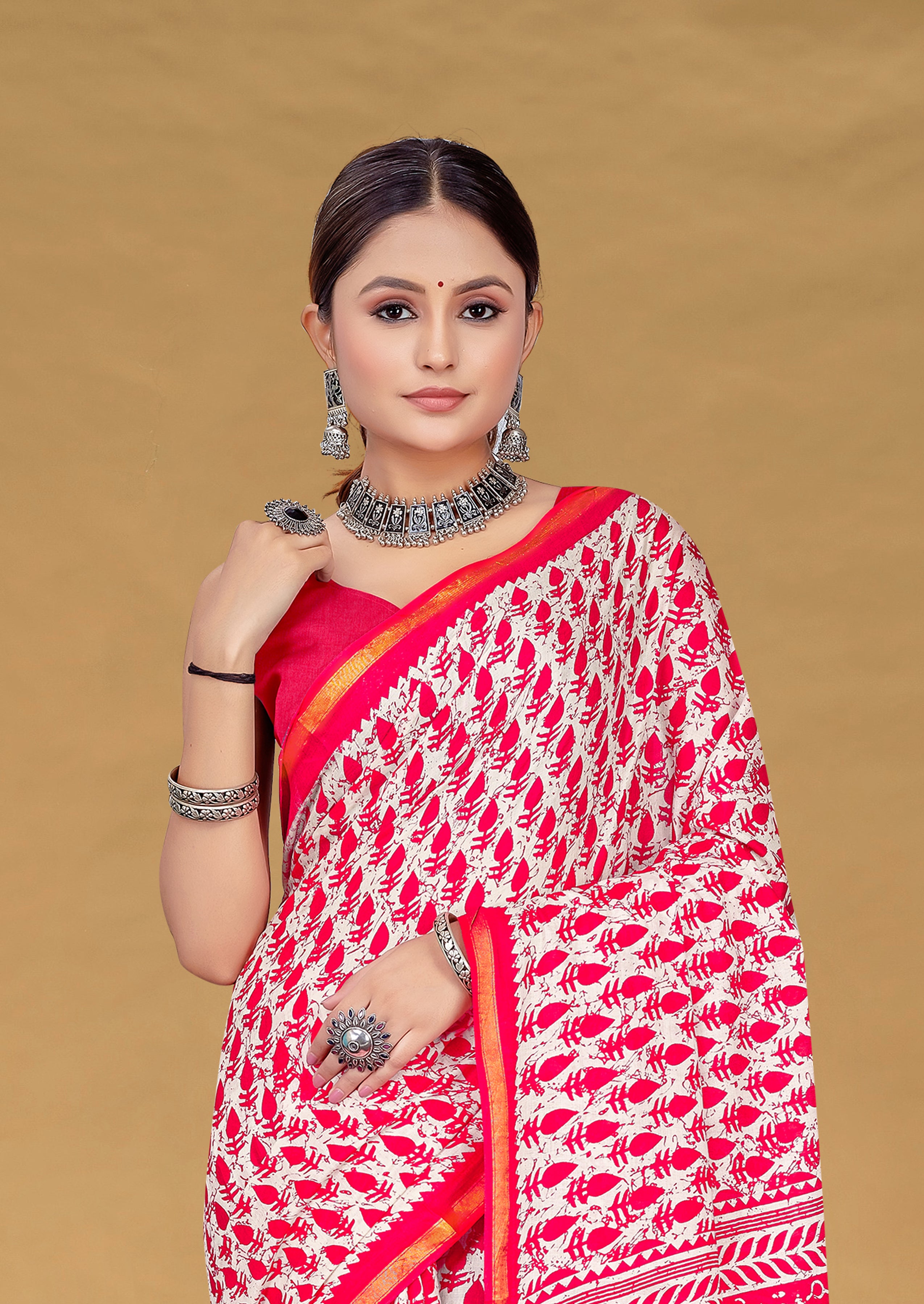 SUDHA BAGRU BLOCK PRINT SOFT MASLIN COTTON ZARI GOLDEN BORDER PINK SAREE