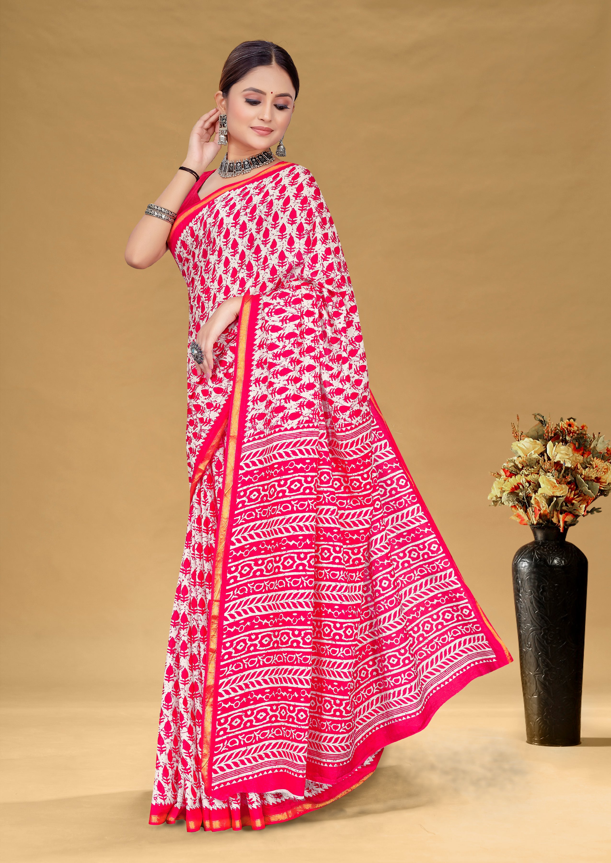 SUDHA BAGRU BLOCK PRINT SOFT MASLIN COTTON ZARI GOLDEN BORDER PINK SAREE