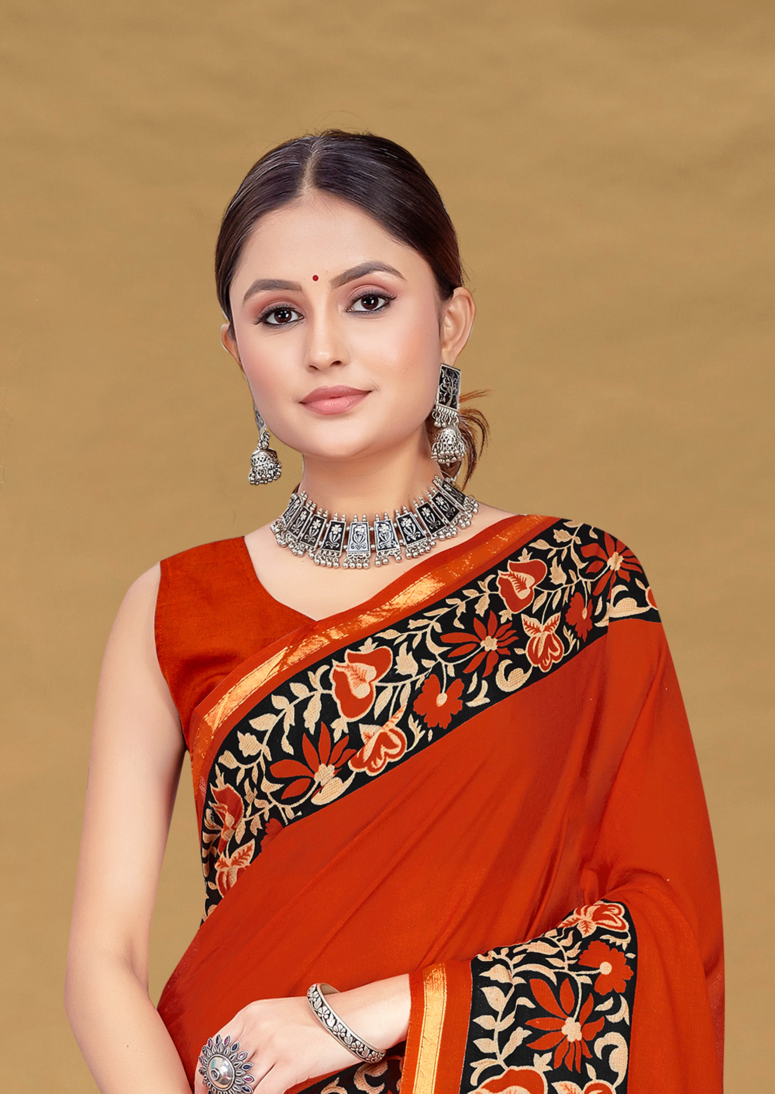 SUDHA BAGRU BLOCK PRINT SOFT MASLIN COTTON ZARI GOLDEN BORDER MULTICOLOR SAREE