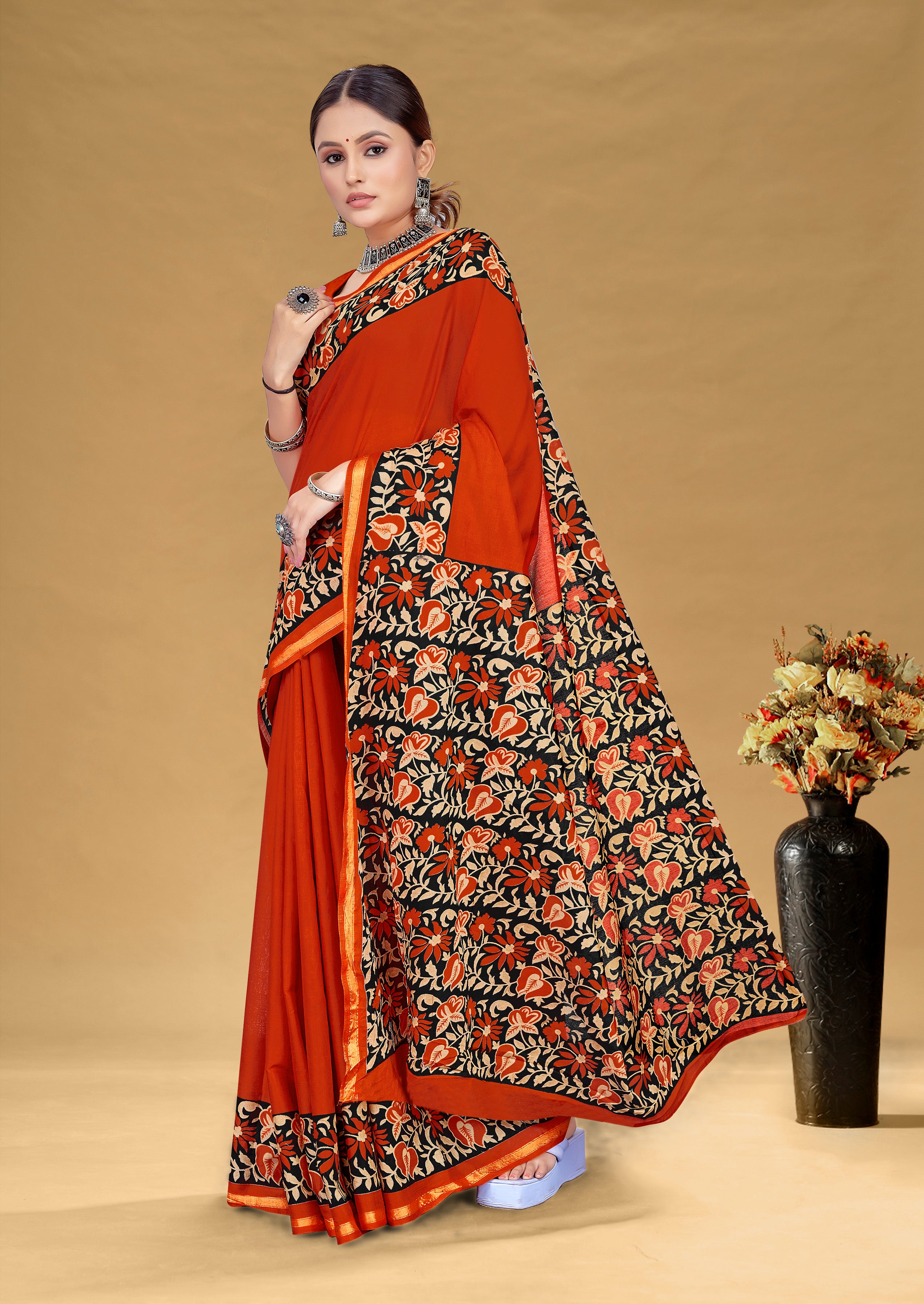 SUDHA BAGRU BLOCK PRINT SOFT MASLIN COTTON ZARI GOLDEN BORDER MULTICOLOR SAREE