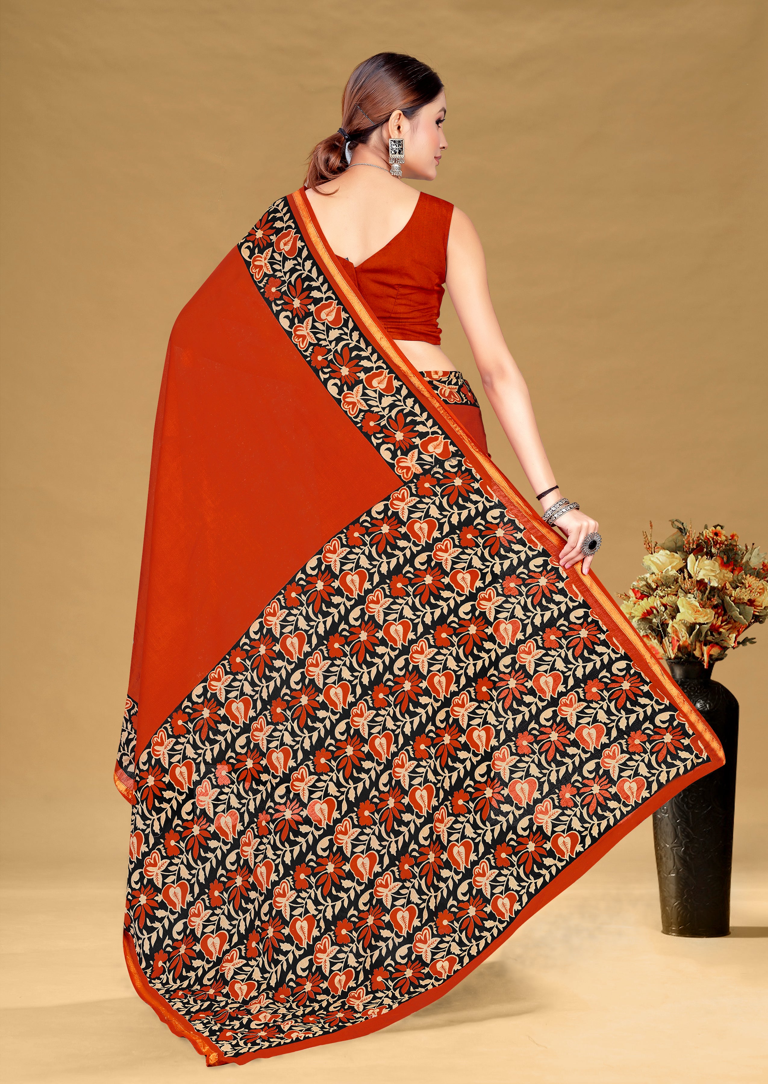 SUDHA BAGRU BLOCK PRINT SOFT MASLIN COTTON ZARI GOLDEN BORDER MULTICOLOR SAREE