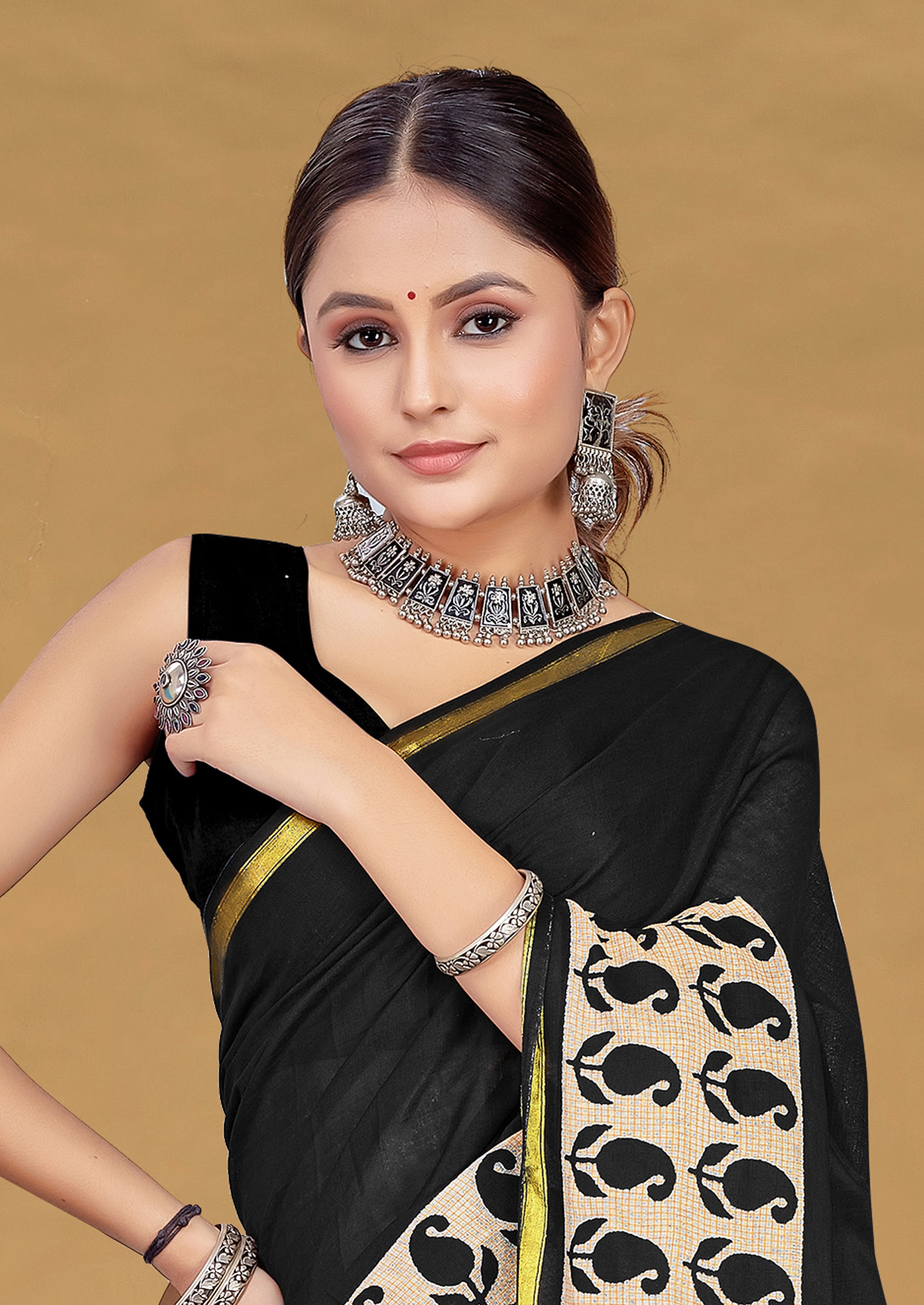 SUDHA BAGRU BLOCK PRINT SOFT MASLIN COTTON ZARI GOLDEN BORDER BLACK SAREE
