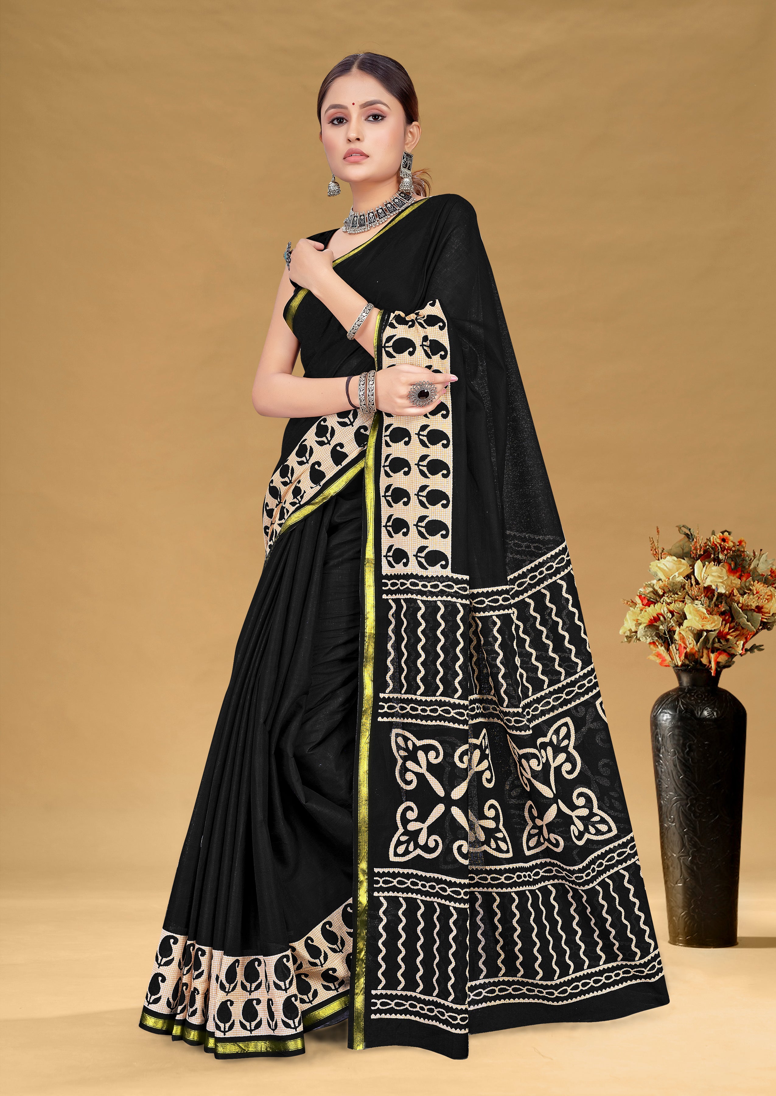 SUDHA BAGRU BLOCK PRINT SOFT MASLIN COTTON ZARI GOLDEN BORDER BLACK SAREE